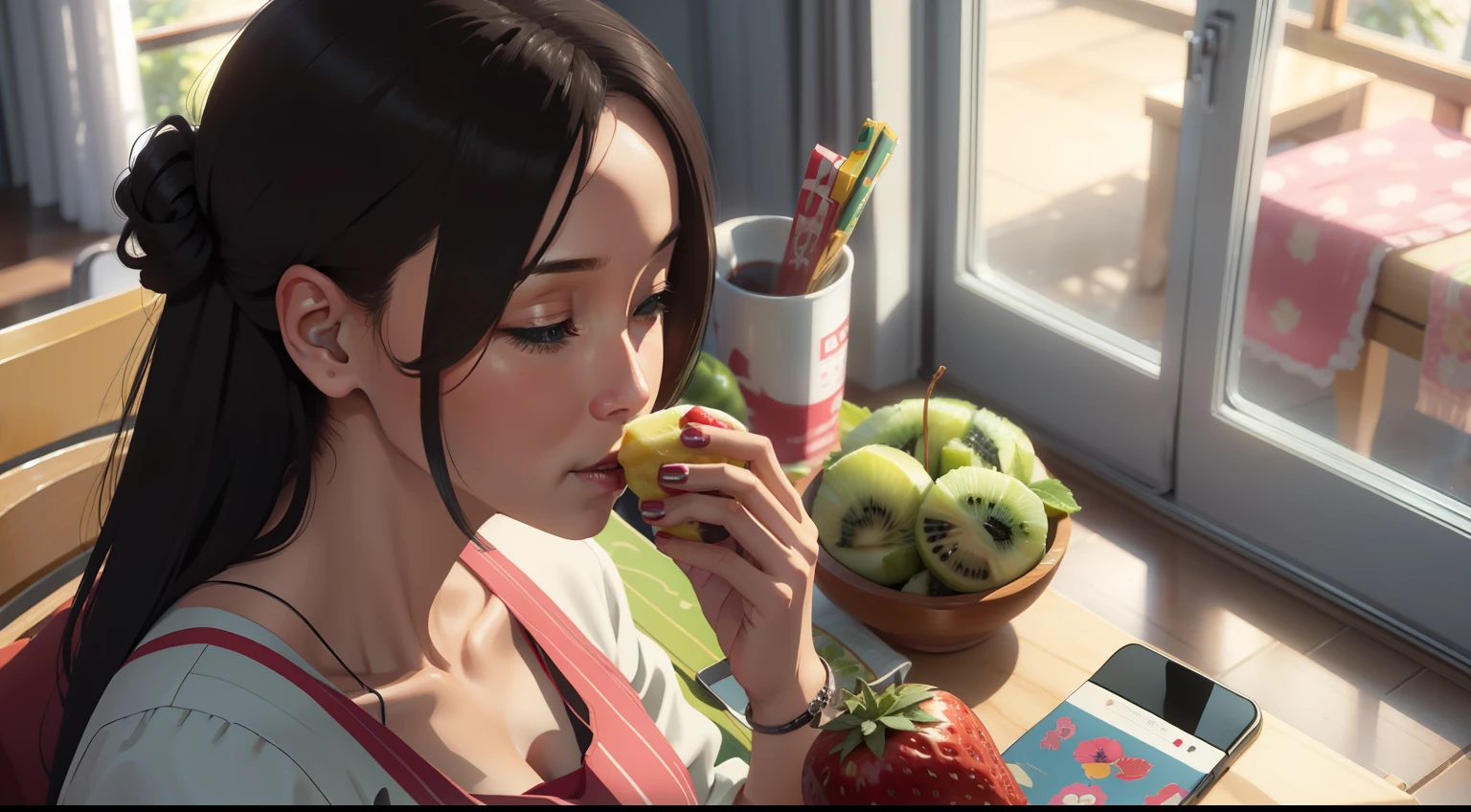 The wife is leisurely eating fruit at home、Smack、playing with mobile phone，Enjoy yourself
