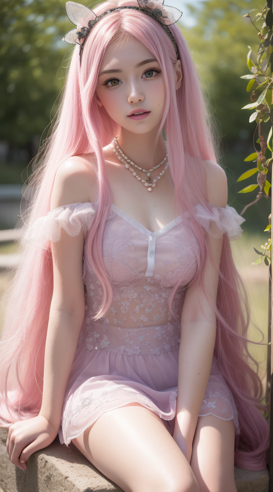 Curly hair，long whitr hair，Barbie style girl with pink hair and pearl headband, Magical Circle, Transparent dress, Erotic, pretty eyes, Staring, Sink Eyes, Smile, topaz colored eyes, pale eyebrows, belle delphine, 15 years old, Fantastic, Long flowing pink hair, Light pink lips, silky white skin tone, Pale pink hair, Fairy, mysterious, pink straight hair, fairy core, pale fair skin, Pink pastels, High definition, Studio lighting, Cute realistic portrait, Japan person, Long pink hair, Pink girl，Sitting in a pink car