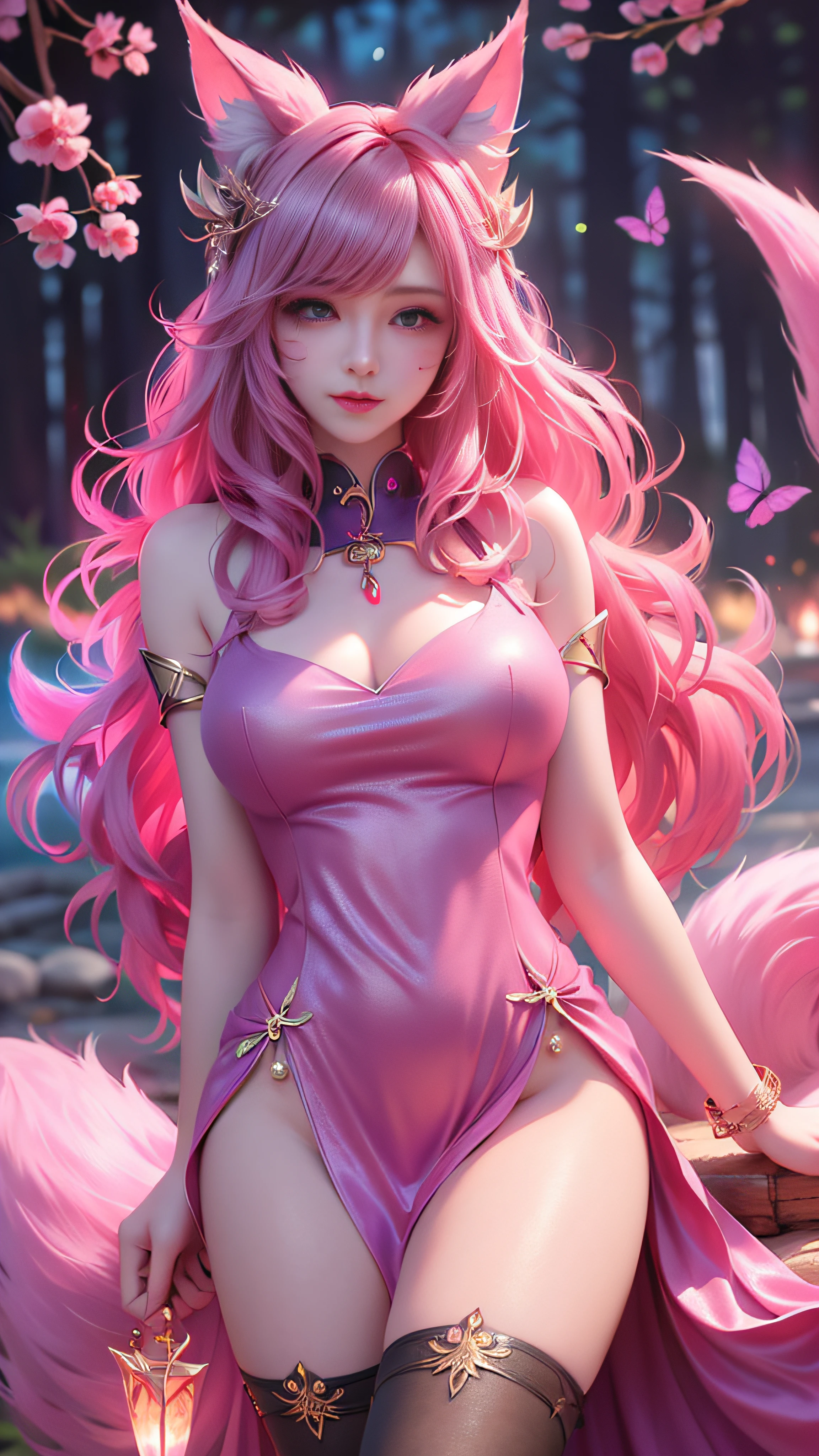 Super beautiful glowing eyes、Face lighting,Bright backlight,medium breasts,超A high resolution,Best Quality,Photos,4K,(Realistic:1.2),
1 girl,Cute,Cosplay,ahri (League of Legends),Looking at Viewer,(Moderate breasts:1.1),Nine Tails,long ears,Green eyes,(Long wavy hair:1.2),White and gold headdress,Purple and gold cheongsam,(Thigh height stockings:1.3),Purple High Heels,Blue and gold bracelet,In the moonlit forest,