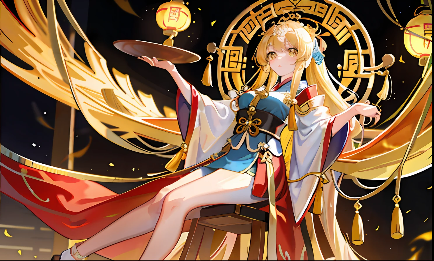 1girll, Qing dynasty yellow dragon flag,Qing dynasty yellow dragon robe,Looking up at the perspective,cabellos largos dorados,Golden eyes,Golden decoration,Divine golden light,divino,Majesty