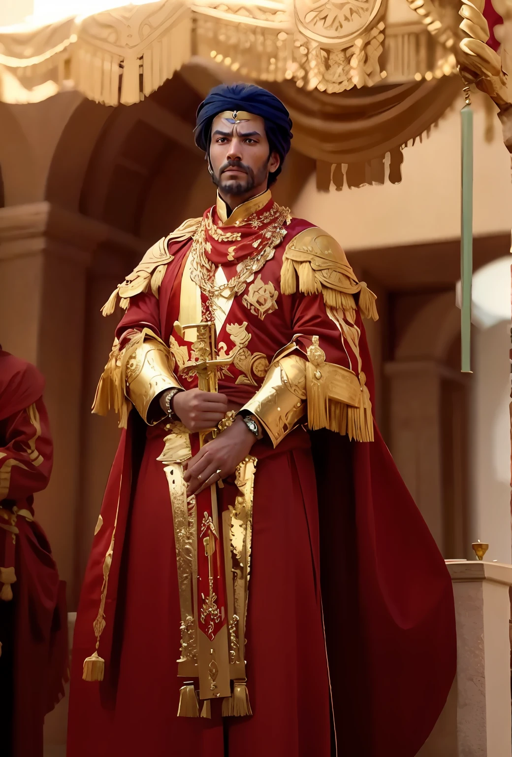 The man is holding a long golden sword with his hands
