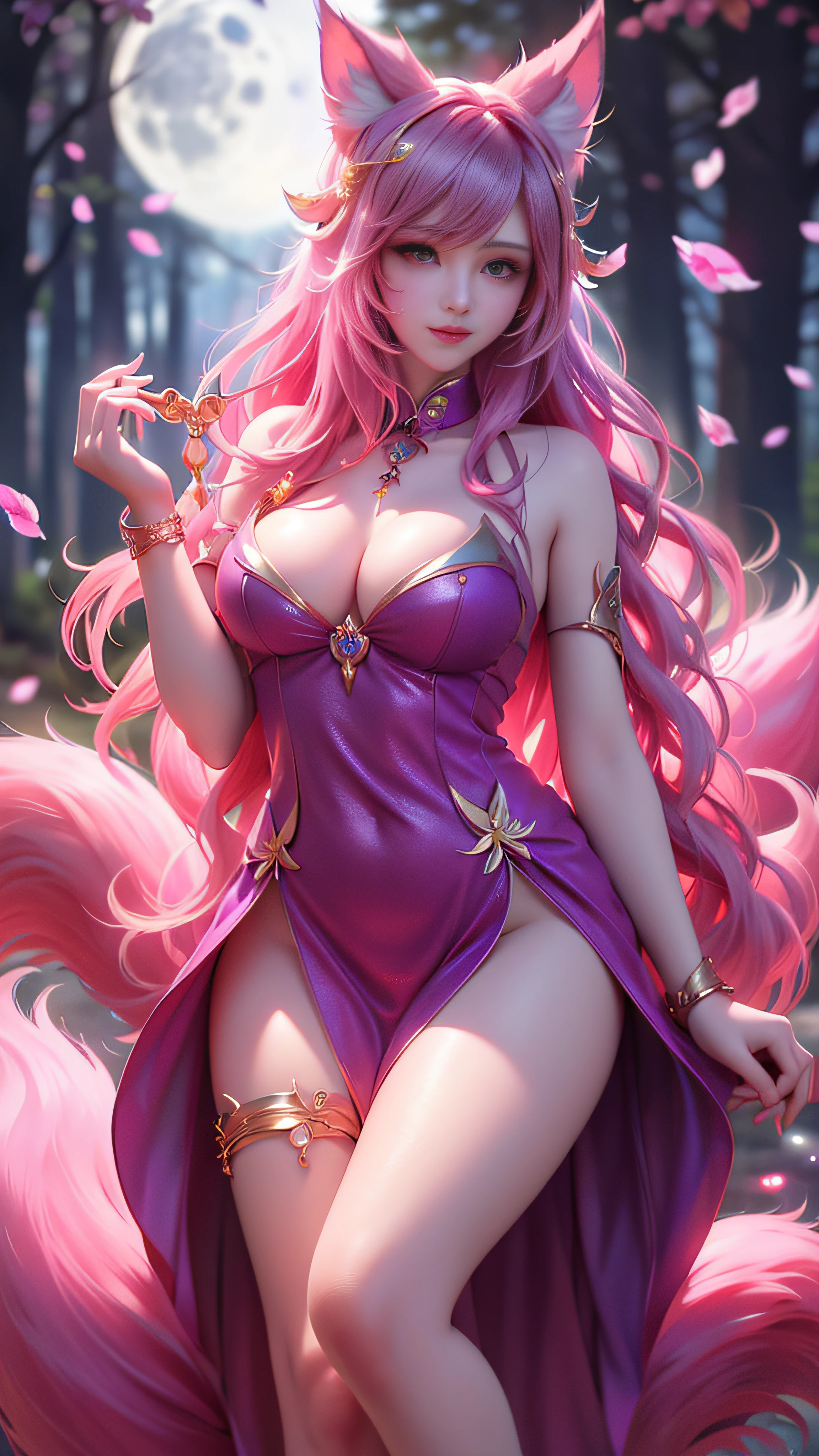 Super beautiful glowing eyes、Face lighting,Bright backlight,medium breasts,超A high resolution,Best Quality,Photos,4K,(Realistic:1.2),
1 girl,Cute,Cosplay,ahri (League of Legends),Looking at Viewer,(Moderate breasts:1.1),Nine Tails,long ears,Green eyes,(Long wavy hair:1.2),White and gold headdress,Purple and gold cheongsam,(Thigh height stockings:1.3),Purple High Heels,Blue and gold bracelet,In the moonlit forest,