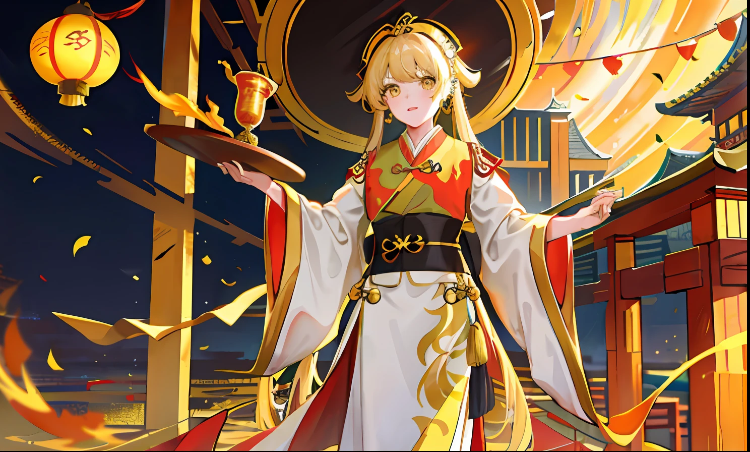 1girll, Qing dynasty yellow dragon flag，Qing dynasty yellow dragon robe，Looking up at the perspective，cabellos largos dorados，Golden eyes，Golden decoration，Divine golden light，divino，Majesty