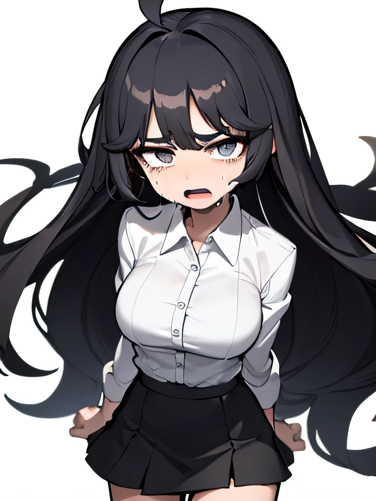 ((masterpiece, best quality)), (1girl), (solo), (female focus), (ahoge, black hair, long hair), black eyes, sad look, open mouth, ((white shirt), (buttoned shirt), (button gap)), ((black skirt), (short skirt)), standing, white background, arms behind back, dynamic angle, black circles under eye, sad face, (crying), tears, crying face