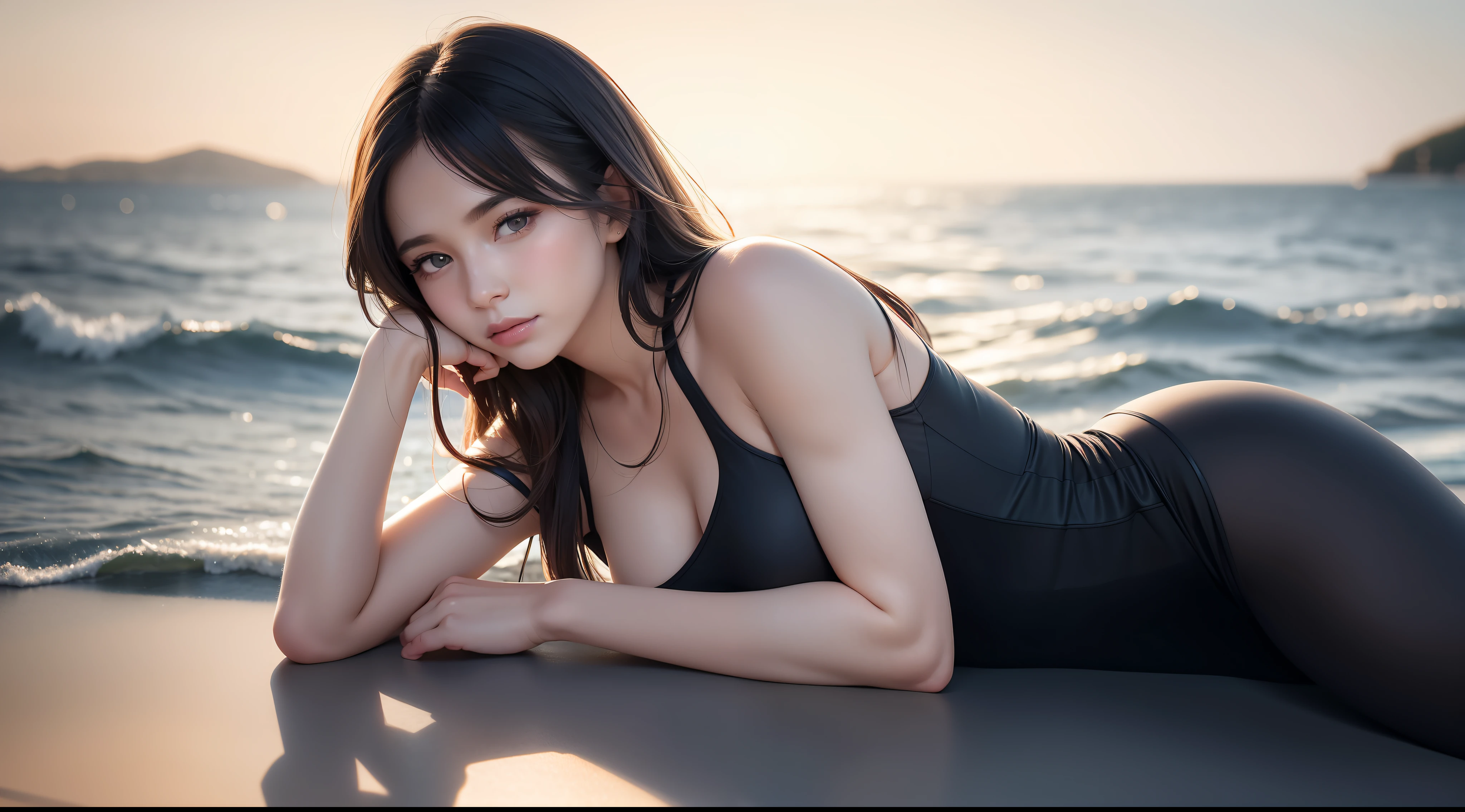 highest quality, masterpiece, solo, high_res,1 beautiful girl sleeping, standard body, center, hair makeup, pretty face, light makeup, Tyndall effect, realistic photo, dark studio, daylight day, clear, on the sea near the shore, beautiful island view behind, clear blue sea, wet glossy body, (high detail skin: 1.2), 8k uhd, dslr, studio light, high quality, photo, high resolution, 8k, bokeh effect.