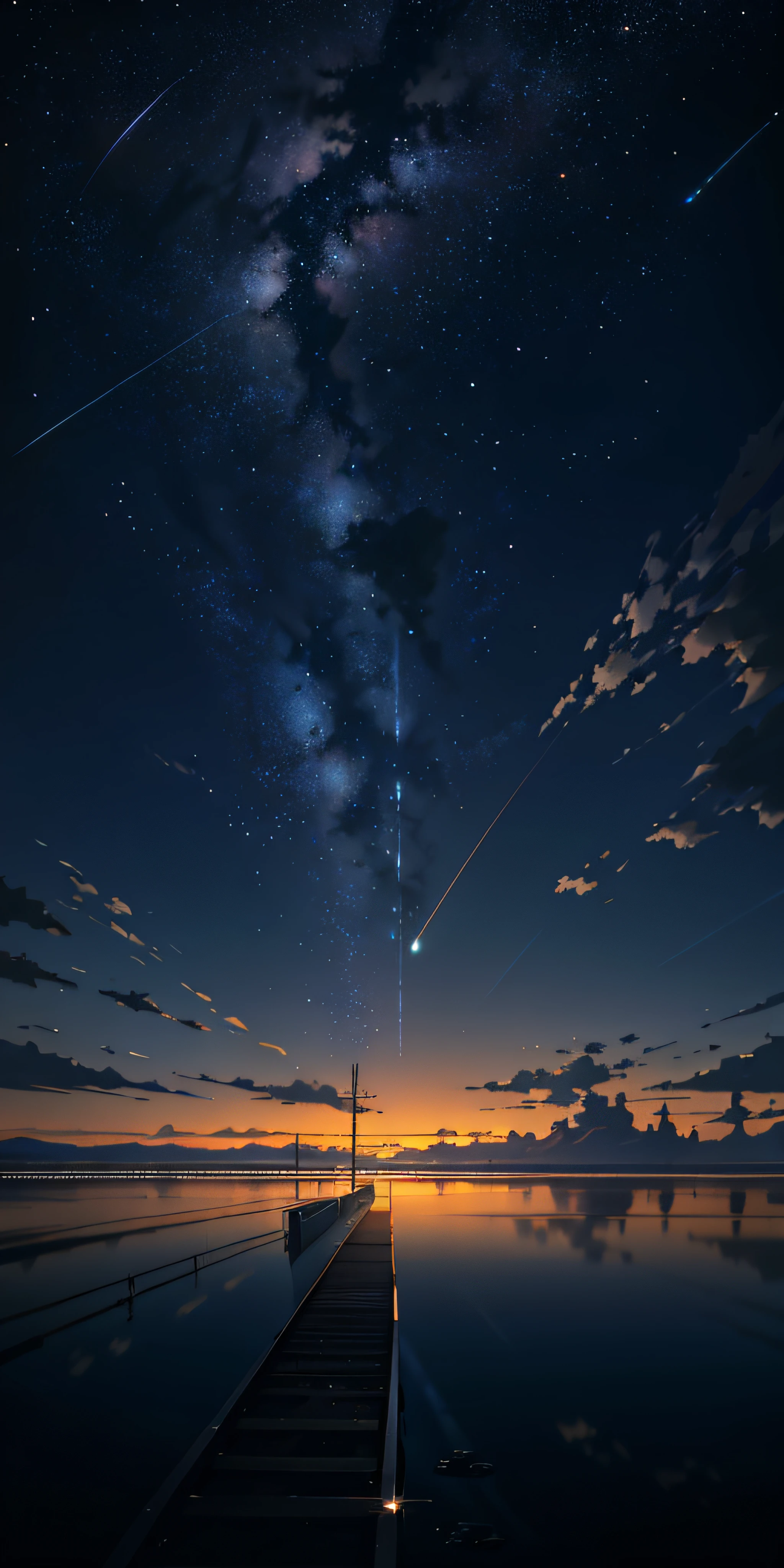 High quality masterpiece, landscape, anime train passing through bodies of water on tracks, bright starry sky. Romantic train, pixiv, concept art, lofi art style, reflection. by Makoto Shinkai, lofi art, Beautiful anime scene, Anime landscape, detailed scenery —width 672, in style of Makoto shinkai, style of Makoto shinkai, enhanced details.