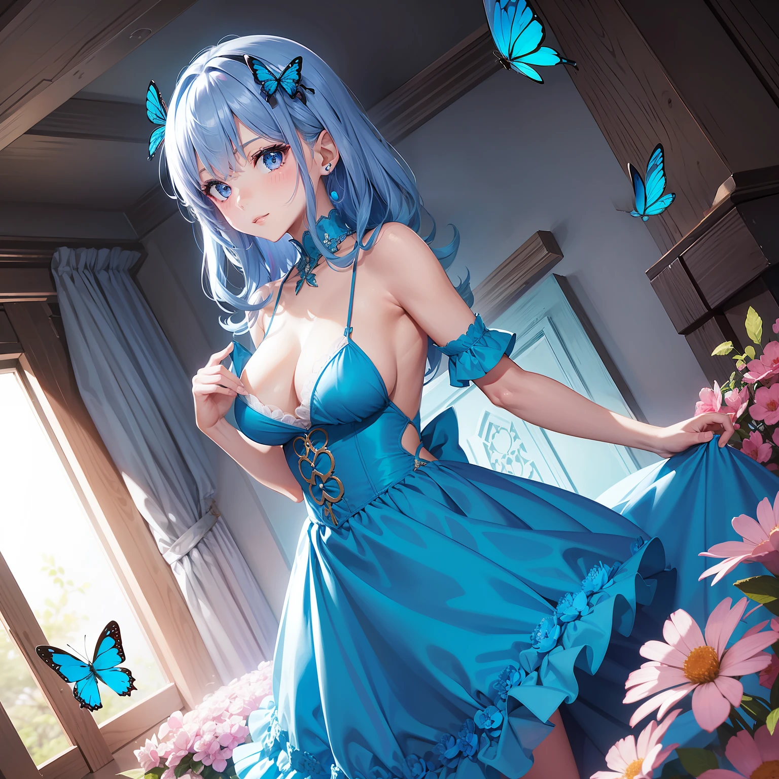 a women, blue butterfly, blue hair, pink eyes, blue dress