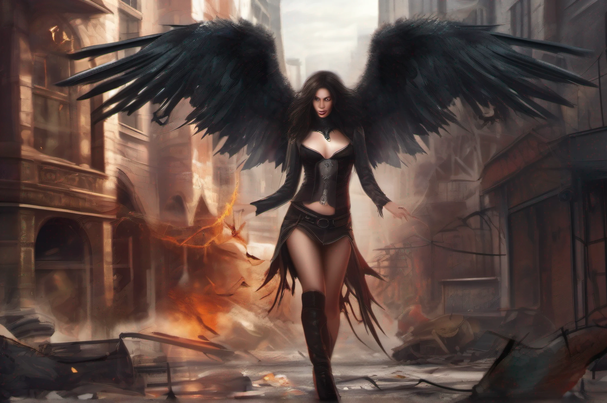 produce an image to be used as the background image of a card with the theme "fullbody evil fallen angel woman sexy fall in the street of apocaliptic city"