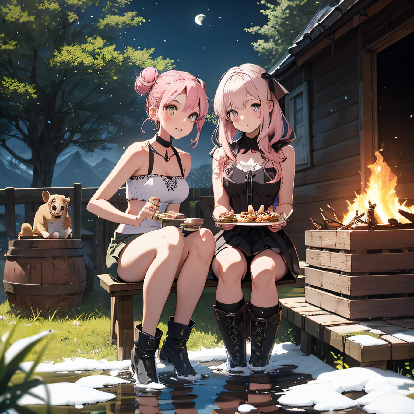 campfires，firewood，Camping chairs，Camping tents，Iron cup，Grill steak，BBQ stand，All kinds of food，Kebabs，MarketaB，trekking poles，snow mountains，Snow goggles，heavy boots，Shenmu，salama，Harry Potter，Magic Hat，Cotton shorts（Shirtless：0.9）、（Naked：0.5）、（huge tit）、Skin type、Fine hairs、Radiant skin、Drunken、luminous（Shirtless：0.8）（Bandeau：0.1）、（Lift one foot：0.1）、 huge tit、Blush、（Small tattoos）、Slightly drunk、（Background with：Jungle lion monkey elephant：0.4）、（goddes：0.8）、（teens girl：0.7）、Water-colored eyes、Long eyelashes、（Cute marks on the face： 1.2),(dog teeth:0.8),,(ssmile:0.5)(Blush:0.7),(Hair:0.4),(short:0.8),(Black and brown hair:0.5)(White and pink hair: 0.6）、（Striped hair：0.5）、（High ponytail：0.3）、（ca：0.7）、Shiny hair、（High morbidity：0.6）、（double bun hair：0.2）、Moon hairpins、Collar、Lace、frilld、（ Head tilt：0.7）、（Side：0.5）、（Look up：0.2）、（Look at the camera：1.0）（Chest pat：0.5）（Flip skirt：1.5）、（（Delicate facial features、Positive face、detail），Bright pink lips，ssmile，Open your mouth，Blush，Slightly drunk：0.5）），Absurd，Extreme，tmasterpiece，whole body fairy，Seductive special portrait of Tifa Loha，The clothes are smooth white and transparent，Lace panties。 (Pajamas with multiple patterns:0.5)，，The reflection of a part of standing water on the ground，Old brick floor，Old clock，wooden building，Leading the puppy
