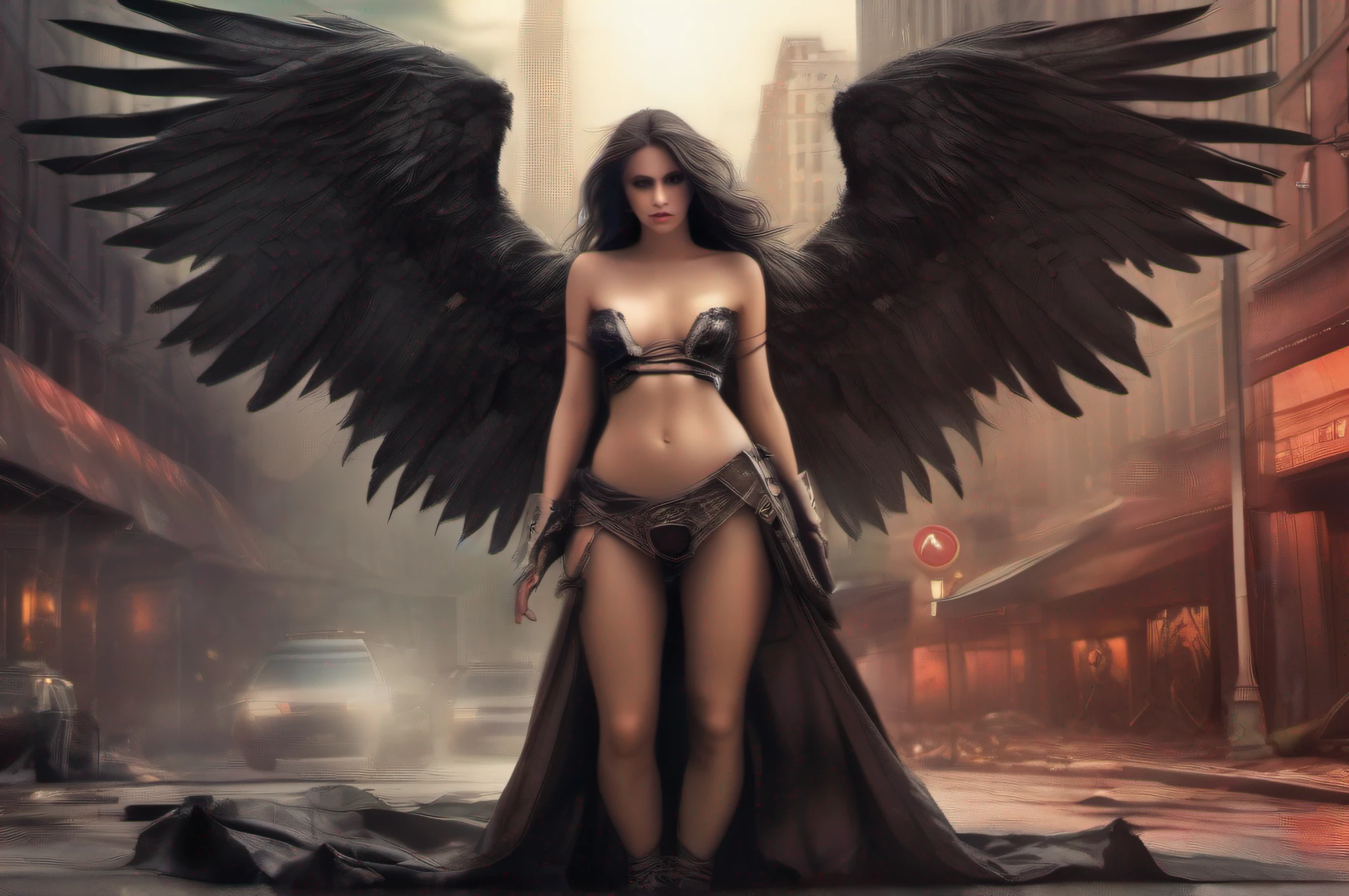 produce an image to be used as the background image of a card with the theme "fullbody evil fallen angel woman sexy fall in the street of apocaliptic city"