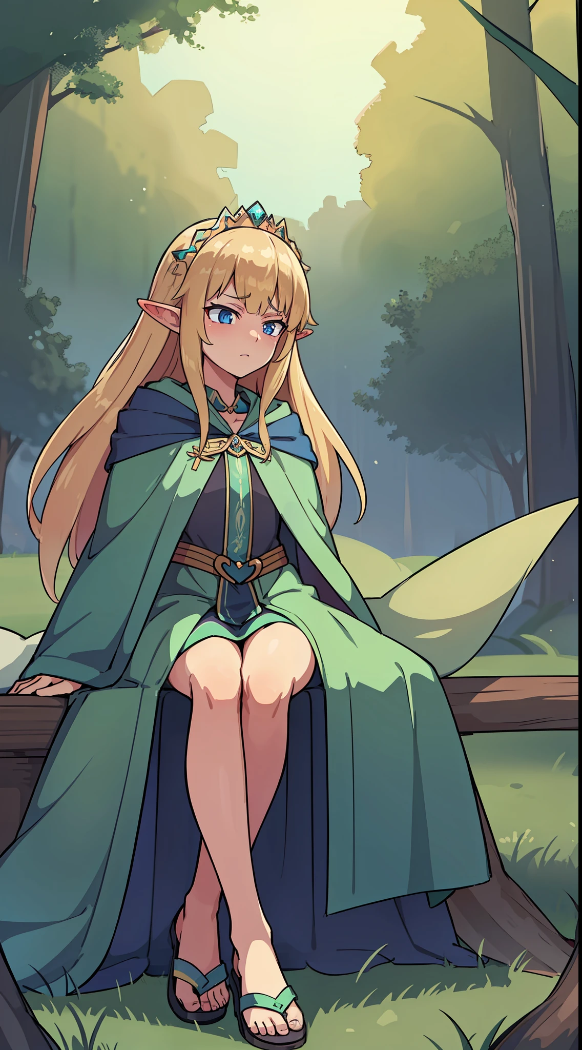 hiquality, tmasterpiece (One elven princess girl) High.  long ears, blonde woman, a small crown on the head, blue eyes, Sullen face. Dark Green Hunting Cloak, Sandals. in front of a forest background