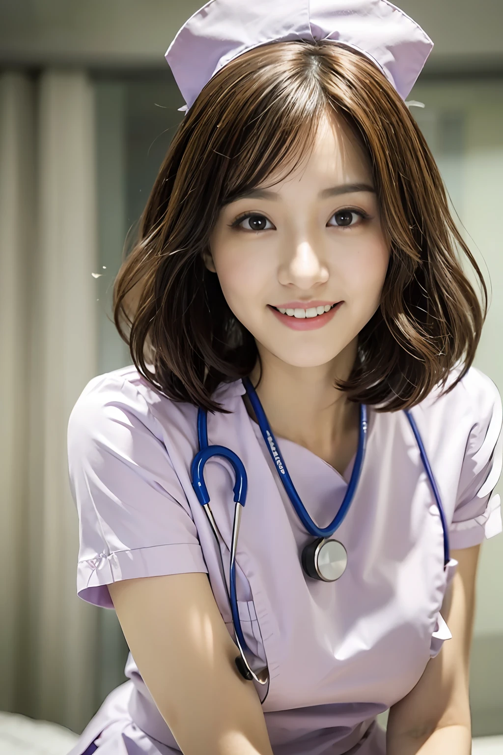 (top-quality、masterpiece、电影灯光、)、phot of a beautiful Japanese women、Glossy reddish-brown shorthair、hair pin、disheveled hair、Floating hair、beauitful face、Slouched、crouching down、(Nurse、White nurse uniform、Nurse Cap、Wrap the stethoscope around your neck、)、Beautiful breast slip、Hourglass body、A smile that captivates the viewer、Looking into the camera、Push the cameraman down and talk、Video from below、Hospital Patient Rooms、Close face、shinny skin、Bold sexy poses、Beautiful Finger、