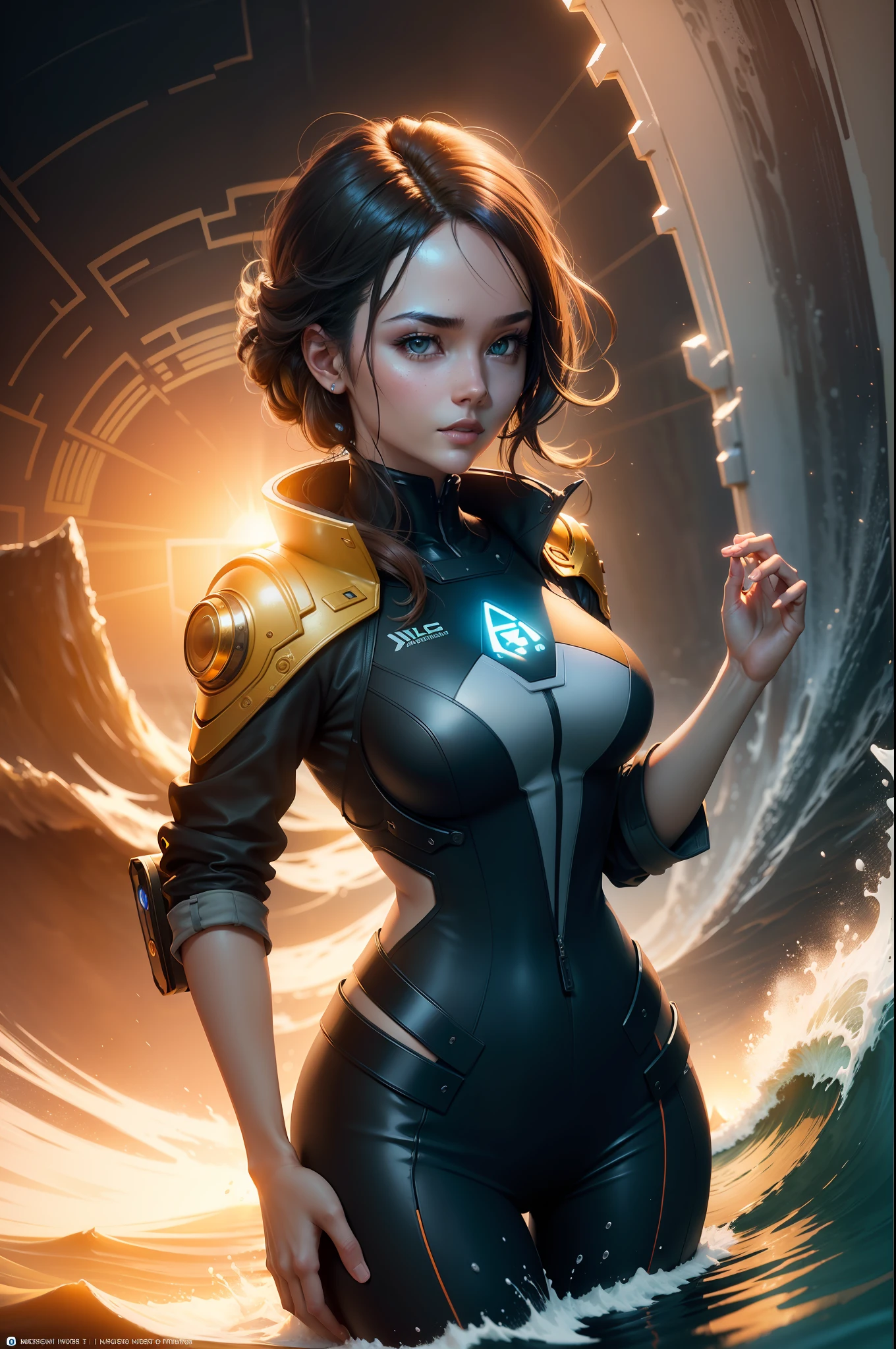 ((Best quality)), ((masterpiece)), (detailed:1.4), 3D, an image of a beautiful cyberpunk female,HDR (High Dynamic Range),Ray Tracing,NVIDIA RTX,Super-Resolution,Unreal 5,Subsurface scattering,PBR Texturing,Post-processing,Anisotropic Filtering,Depth-of-field,Maximum clarity and sharpness,Multi-layered textures,Albedo and Specular maps,Surface shading,Accurate simulation of light-material interaction,Perfect proportions,Octane Render,Two-tone lighting,Wide aperture,Low ISO,White balance,Rule of thirds,8K RAW,Masterpiece, best quality, (8k very detailed CG unit wallpaper) (best quality), (best illustration), (best shading) a golden sea wave, bright orange aol sunset through the wave, golden water drops flying, (:1. 6),