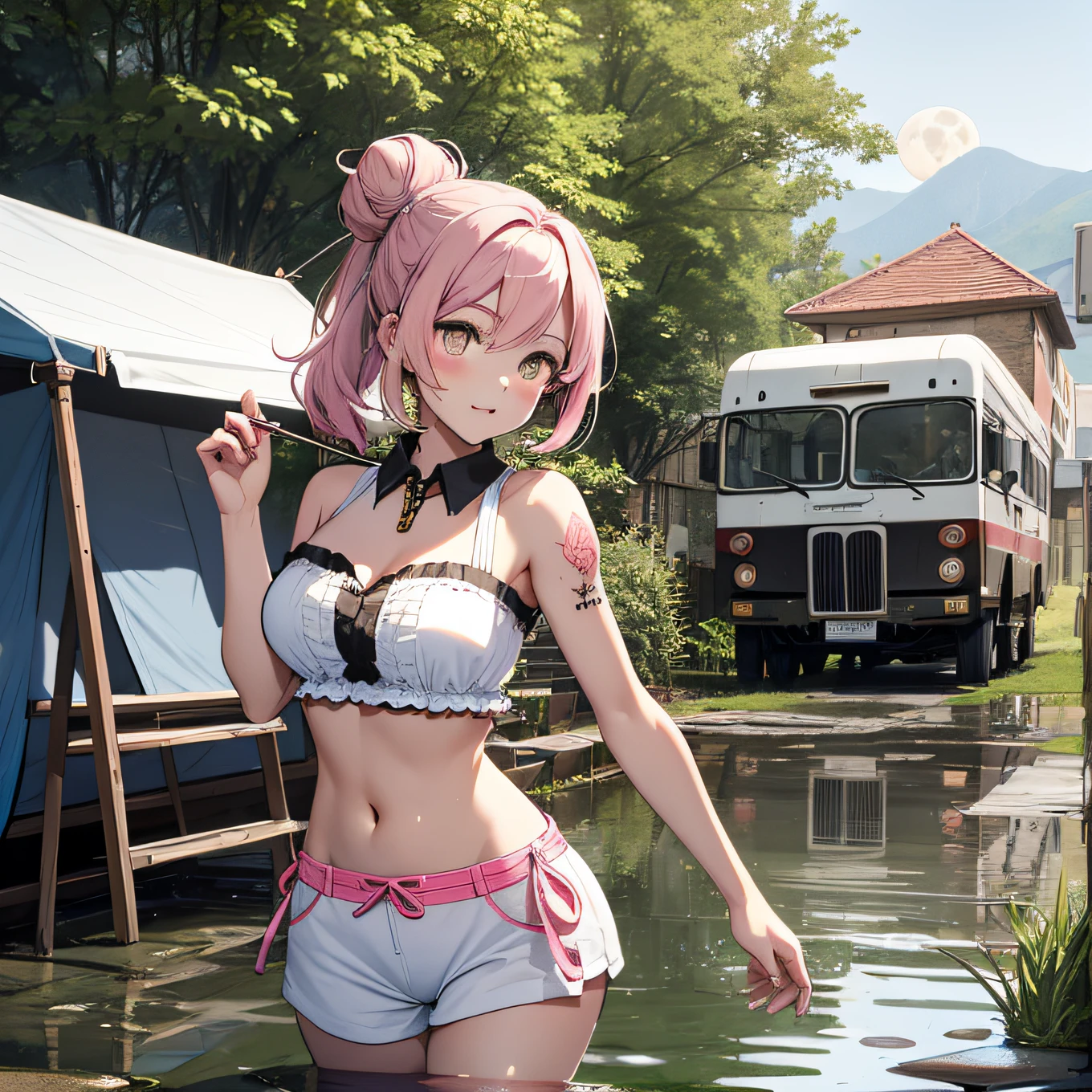 campfires,firewood,Camping chairs,Camping tents,Iron cup,Grill steak,BBQ stand,All kinds of food,Kebabs,MarketaB,trekking poles,snow mountains,Snow goggles,heavy boots,Shenmu,salama,Harry Potter,Magic Hat,Cotton shorts(Shirtless:0.9)、(Naked:0.5)、(huge tit)、Skin type、Fine hairs、Radiant skin、Drunken、luminous(Shirtless:0.8)(Bandeau:0.1)、(Lift one foot:0.1)、 huge tit、Blush、(Small tattoos)、Slightly drunk、(Background with:Jungle lion monkey elephant:0.4)、(goddes:0.8)、(teens girl:0.7)、Water-colored eyes、Long eyelashes、(Cute marks on the face: 1.2),(dog teeth:0.8),,(ssmile:0.5)(Blush:0.7),(Hair:0.4),(short:0.8),(Black and brown hair:0.5)(White and pink hair: 0.6)、(Striped hair:0.5)、(High ponytail:0.3)、(ca:0.7)、Shiny hair、(High morbidity:0.6)、(double bun hair:0.2)、Moon hairpins、Collar、Lace、frilld、( Head tilt:0.7)、(Side:0.5)、(Look up:0.2)、(Look at the camera:1.0)(Chest pat:0.5)(Flip skirt:1.5)、((Delicate facial features、Positive face、detail),Bright pink lips,ssmile,Open your mouth,Blush,Slightly drunk:0.5)),Absurd,Extreme,tmasterpiece,whole body fairy,Seductive special portrait of Tifa Loha,The clothes are smooth white and transparent,Lace panties。 (Pajamas with multiple patterns:0.5),,The reflection of a part of standing water on the ground,Old brick floor,Old clock,wooden building,Leading the puppy