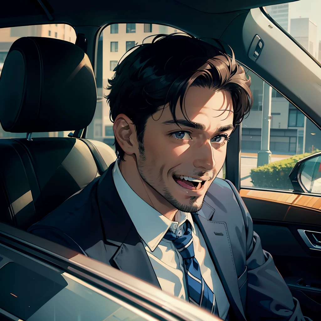 A man，Around 30 years old，inside car，Happy laughter，dressed in a suit，Close-up shot，frontage