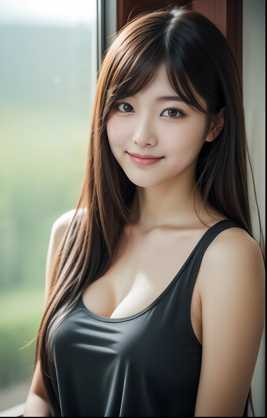realistic photos of (1 cute Korean star) straight hair, thin makeup, 32 inch breasts size, slightly smile, wearing black tank top, looking outside of the window, upper body portrait UHD