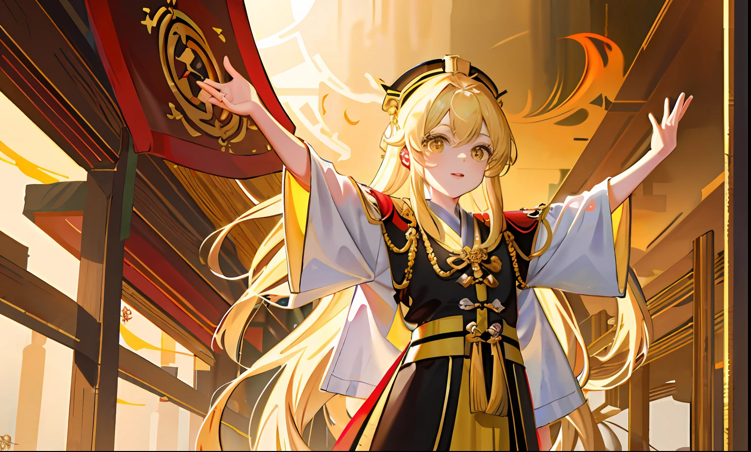 1girll, Qing dynasty yellow dragon flag,Qing dynasty yellow dragon robe,Looking up at the perspective,cabellos largos dorados,Golden eyes,Golden decoration,Divine golden light,divino,Majesty