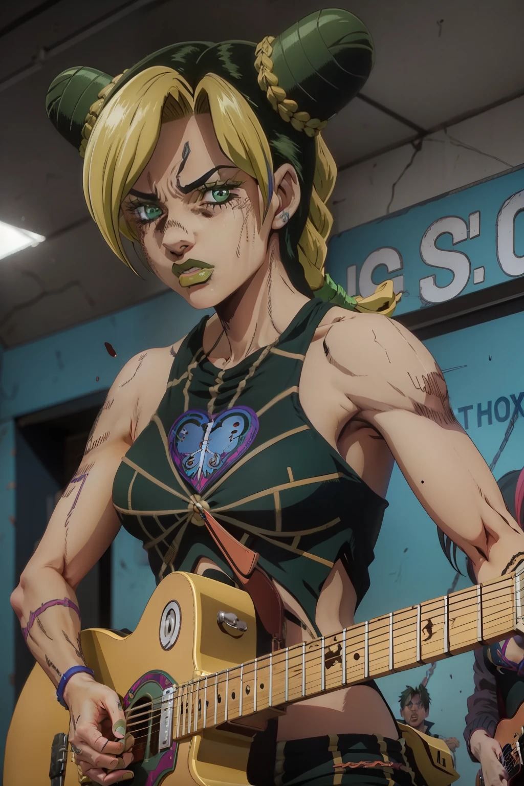 Jolyne_Anime a punkrocker showcasing her skills shredding the guitar"