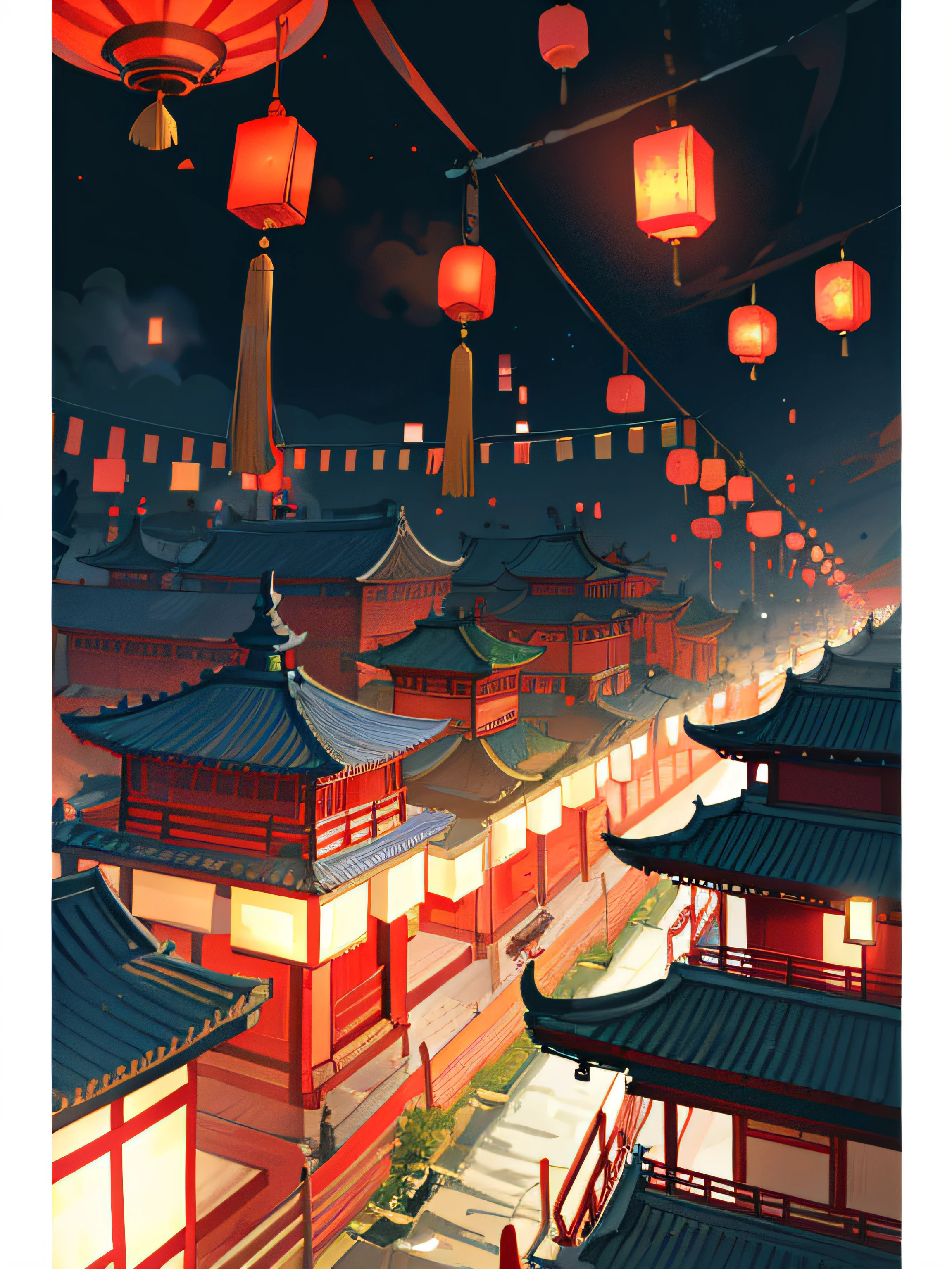Photos taken from a video game of a Chinese temple, dreamy Chinese towns, evening lanterns, floating chinese lampoons, Rosla global lighting, ross tran. scenery background, Lanterns, dreamland of chinese, 🌺 CGSesociety, inspired by Andreas Rocha, [ trending on CGSociety ]!!, by Yang J, inspired by Liam Wong, author：Shitao