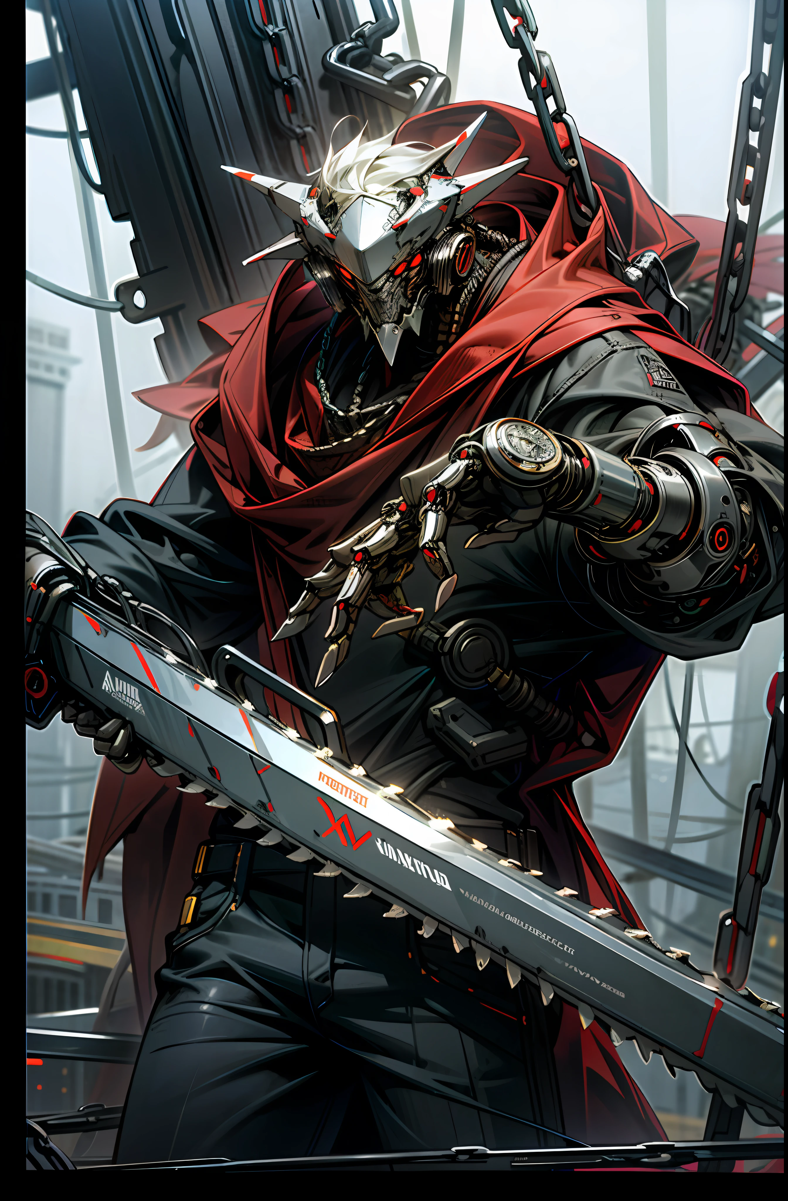 Dark_Fantasy,Cyberpunk,(chain saw,chain saw man,Red:1.1),1man,Mechanical marvel,Robotic presence,Cybernetic guardian,