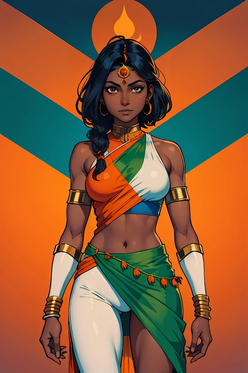 Indian woman dark skin Super Hero Orange White and Green and chakra Indian clothes India flag