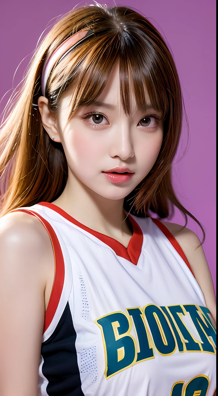 (masterpiece, top-quality, a beauty girl, kawaii faces:1.5), Casual Hair, (The upper part of the body, bangss:1.2), Small waist, (Simple background:1.4), A clear day:1.2, shorth hair, face lights, 8K, Official art, Raw foto, incredibly absurdness, depth of fields, Look at viewers, A hyper-realistic, hight resolution, a picture, film grains, chromatic abberation, foco nítido, Bokeh background、Dynamic lighting、highest details、ighly detailed、ultra-detailliert、detaile、extremely detailed eye and face,large full breasts,Basketball Club,In basketball,Basketball court,Basketball Uniforms