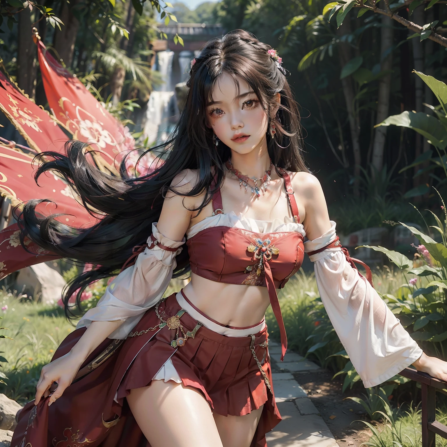 (masterpiece, top quality, best quality, official art, beautiful and aesthetic:1.2),tifa,eyeliner,mascara,Black_eyes,Black_hair,long hair,lipstick,hanfu, tang style outfits, 1girl, pink upper shan, red chest pleated skirt, green with pink waistband, red pibo,extreme detailed,(fractal art:1.3),colorful,highest detailed,cowboy shot,jewelry,energetic movement,facing viewer,