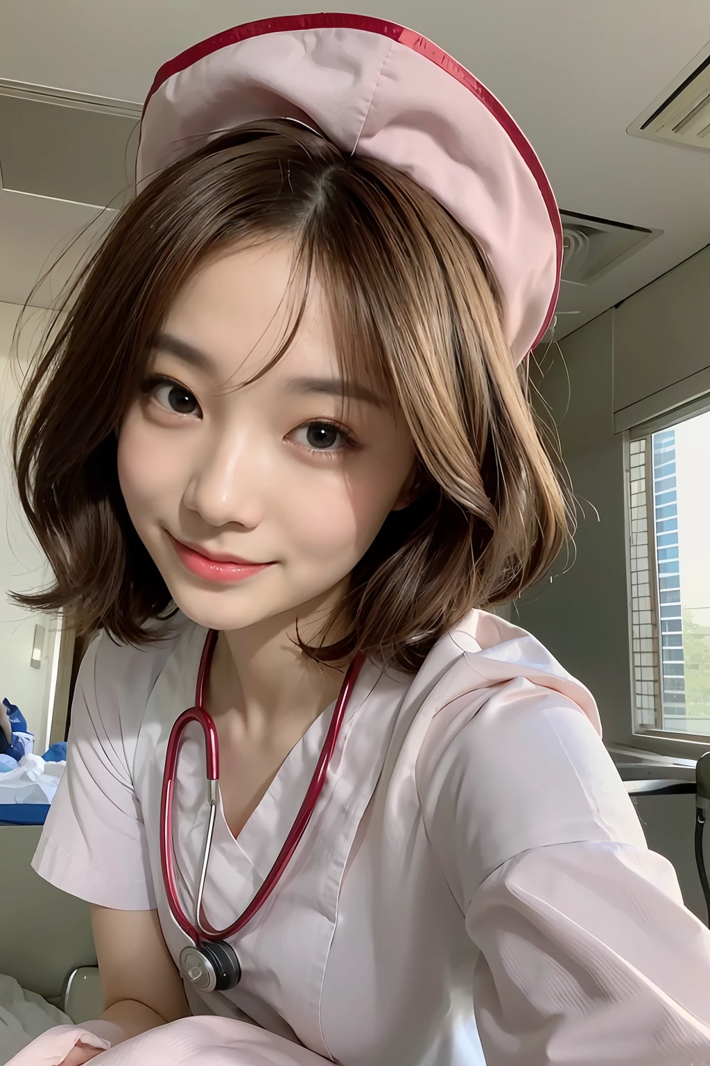 (top-quality、masterpiece、电影灯光、)、phot of a beautiful Japanese women、Glossy reddish-brown shorthair、hair pin、disheveled hair、Floating hair、beauitful face、Slouched、crouching down、(Nurse、White nurse uniform、Nurse Cap、Wrap the stethoscope around your neck、)、Beautiful breast slip、Hourglass body、A smile that captivates the viewer、Looking into the camera、Push the cameraman down and speak from above、Video from below、Hospital Patient Rooms、Close face、shinny skin、Bold sexy poses、Beautiful Finger、