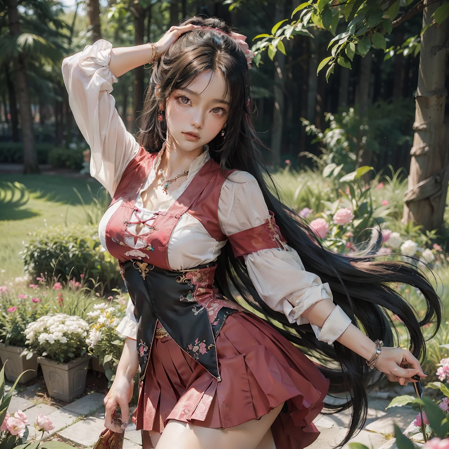 (masterpiece, top quality, best quality, official art, beautiful and aesthetic:1.2),tifa,eyeliner,mascara,Black_eyes,Black_hair,long hair,lipstick,hanfu, tang style outfits, 1girl, pink upper shan, red chest pleated skirt, green with pink waistband, red pibo,extreme detailed,(fractal art:1.3),colorful,highest detailed,cowboy shot,jewelry,energetic movement,facing viewer,