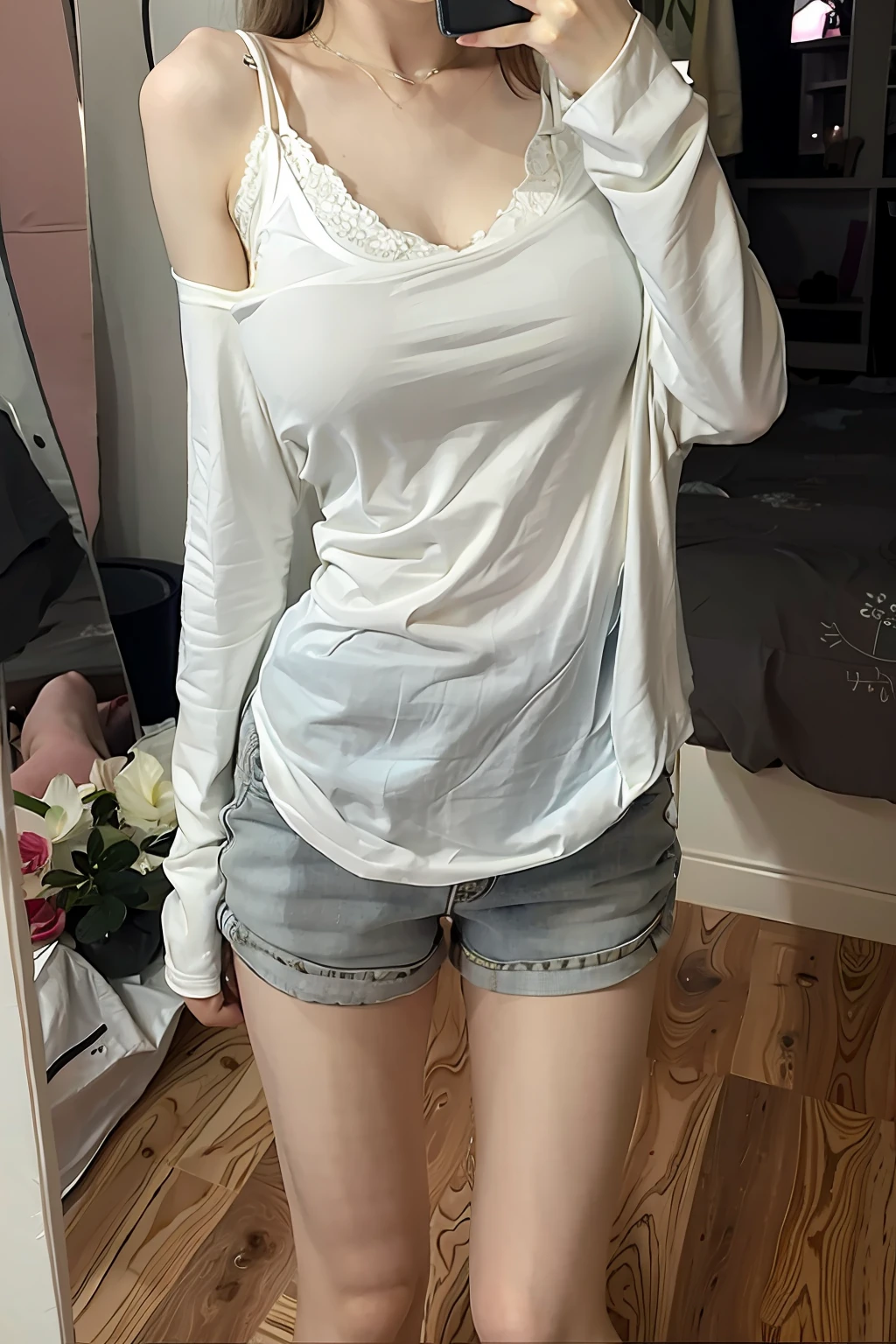 araffed woman taking a selfie in a mirror in a room, White top, 2 4 year old female model, is wearing a shorts, Casual clothes, The upper part of the body, wearing white camisole, Sexy look, wearing white clothes, dressed in a top and shorts, wearing casual cloths, wearing a cute top, wearing white v - neck top, half-body photo