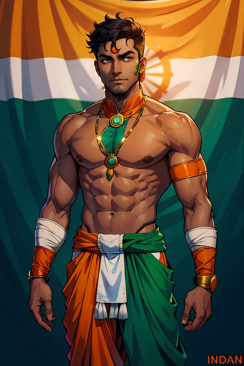 Indian guy dark skin Super Hero Orange White and Green and chakra Indian clothes India flag