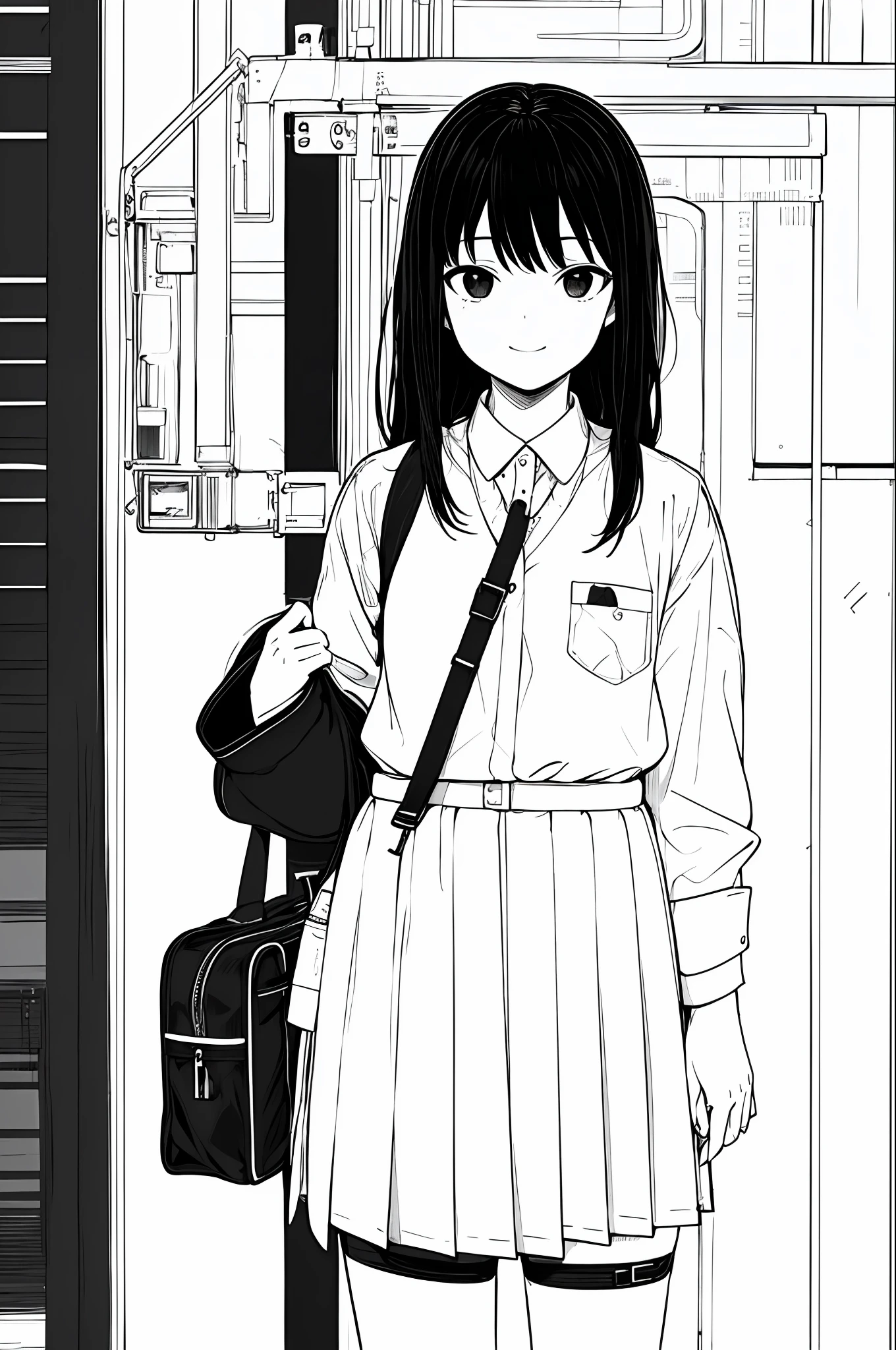 masterpiece, top-quality, 1girl in, 校服, A slight smil, a school bag, A dark-haired, Black eyes, cyberpunked, a street, monochromes, line-drawing、iced