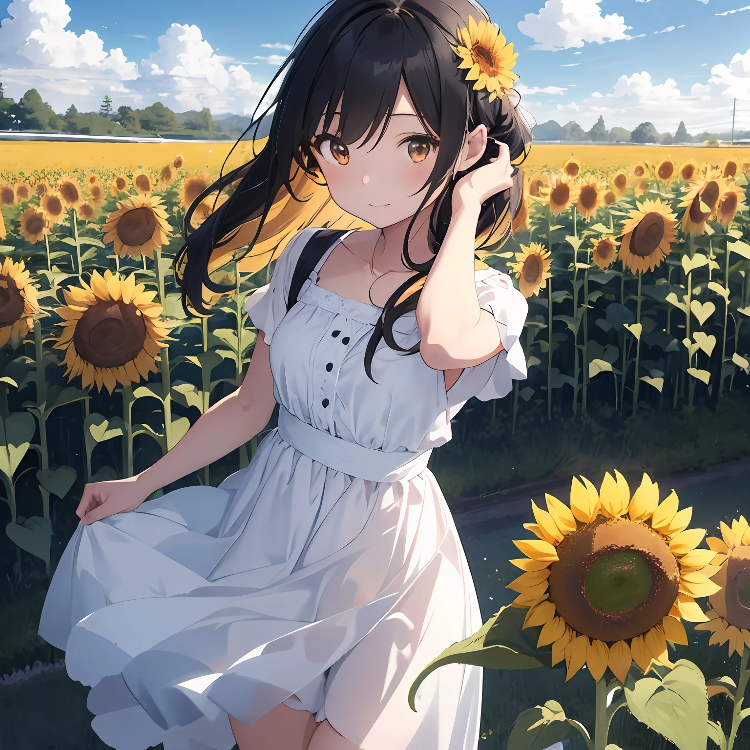 女の子1人、White dress。sunflowers fields、Blue sky and clouds