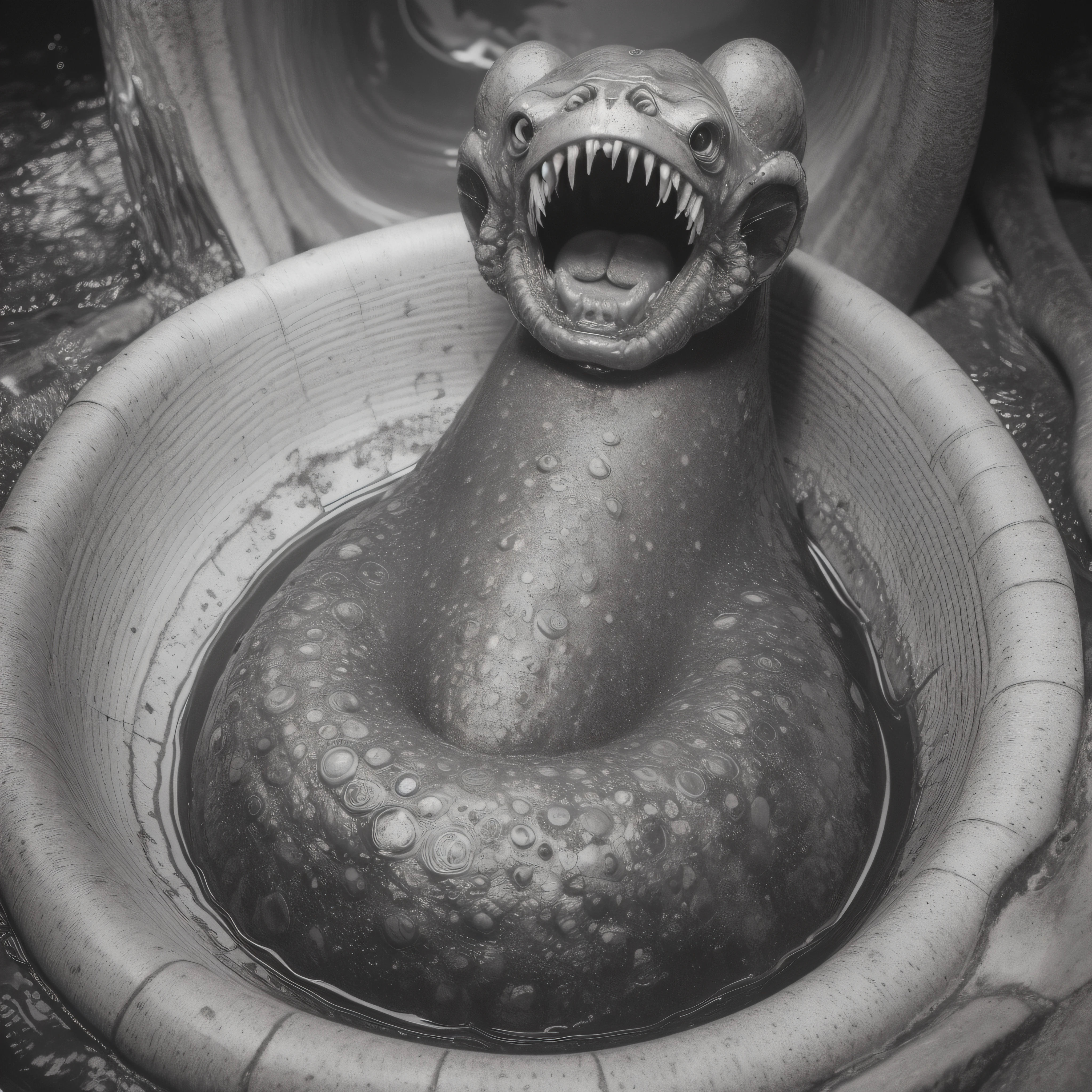 (extremadamente detallado, obra maestra, La mejor calidad), Estilo oscuro, intense illumination, rostro con arrugas, lengua larga, tentacle, deforme, monstruoso, interior de una piscina de agua verdosa, imagen submarina, alien con Colmillos finos, pico de pulpo amenazante. manchas de tinta. Rococo composition. Luz de caravaggio