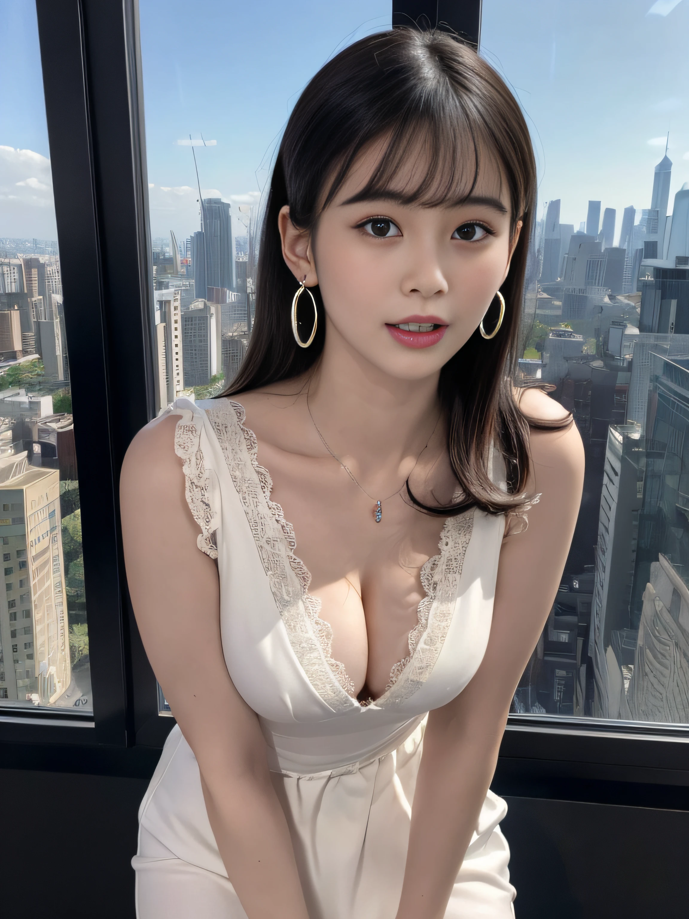 (Highly detailed 8k wallpaper), sharp focus, detailed, dramatic, delicate and beautiful young girl, detailed face,  (in heat:1.5), (leaning forward:1.5), (slim face, Slim Waist, Slim legs), (perky uplifted breasts:1.2), cleavage, blunt bangs, (wearing black color chic lace  mini dress), Half Butterfly Earrings, silver twin ling necklace with opal, jewelry, (embarrassed:1.3), (ahegao:1.5), blush,  graphics beautiful, in high-rise building, Modern office with a city skyline view, Full Glass Wide Window, (standing by window),  (sexy puse:1.3), 3/4 body,