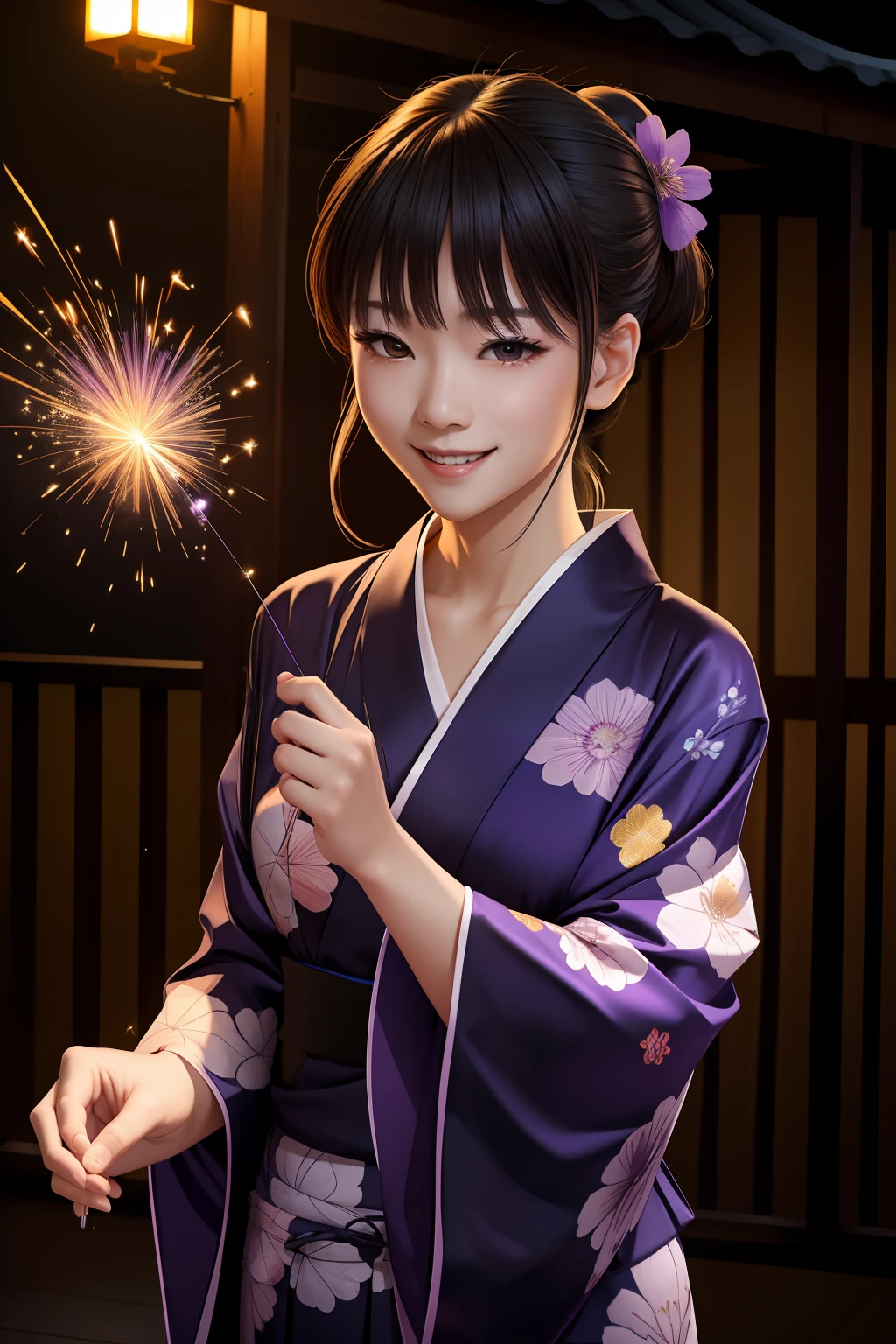 （​masterpiece）8K分辨率、top-quality、Woman in yukata doing sparklers、Jet black ponytail、a purple eye、Very cute、Nice Buddy、kindly smile、