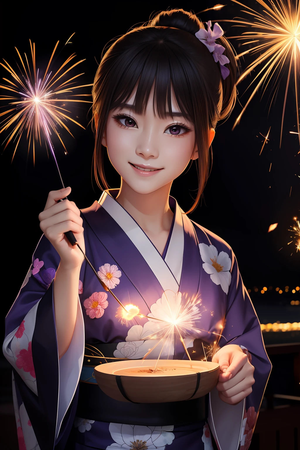 （​masterpiece）8K分辨率、top-quality、Woman in yukata doing sparklers、Jet black ponytail、a purple eye、Very cute、Nice Buddy、kindly smile、