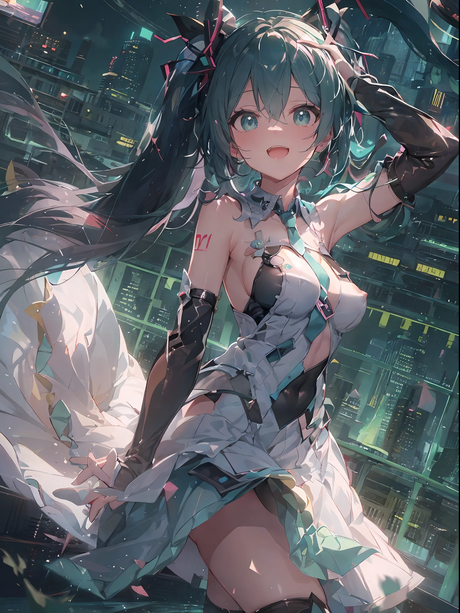 topquality, (Miku Hattsune), Perfect skin, realisic skin, Highest resolution enclosure, Full HD, Detail Skin, 8K, (Girl on stage), ноч, nightfall, darkness, Girl Ideal body proportions, The girl stretches her arms up, (little chest:1.5), beautiful breasts, (((NSFW))), Ideal breast proportions, (Full-length view-front view), handsome body, a girl standing, perfect foots, Smiling, Torsion-free housing, A body without mistakes, Without granular bezel,