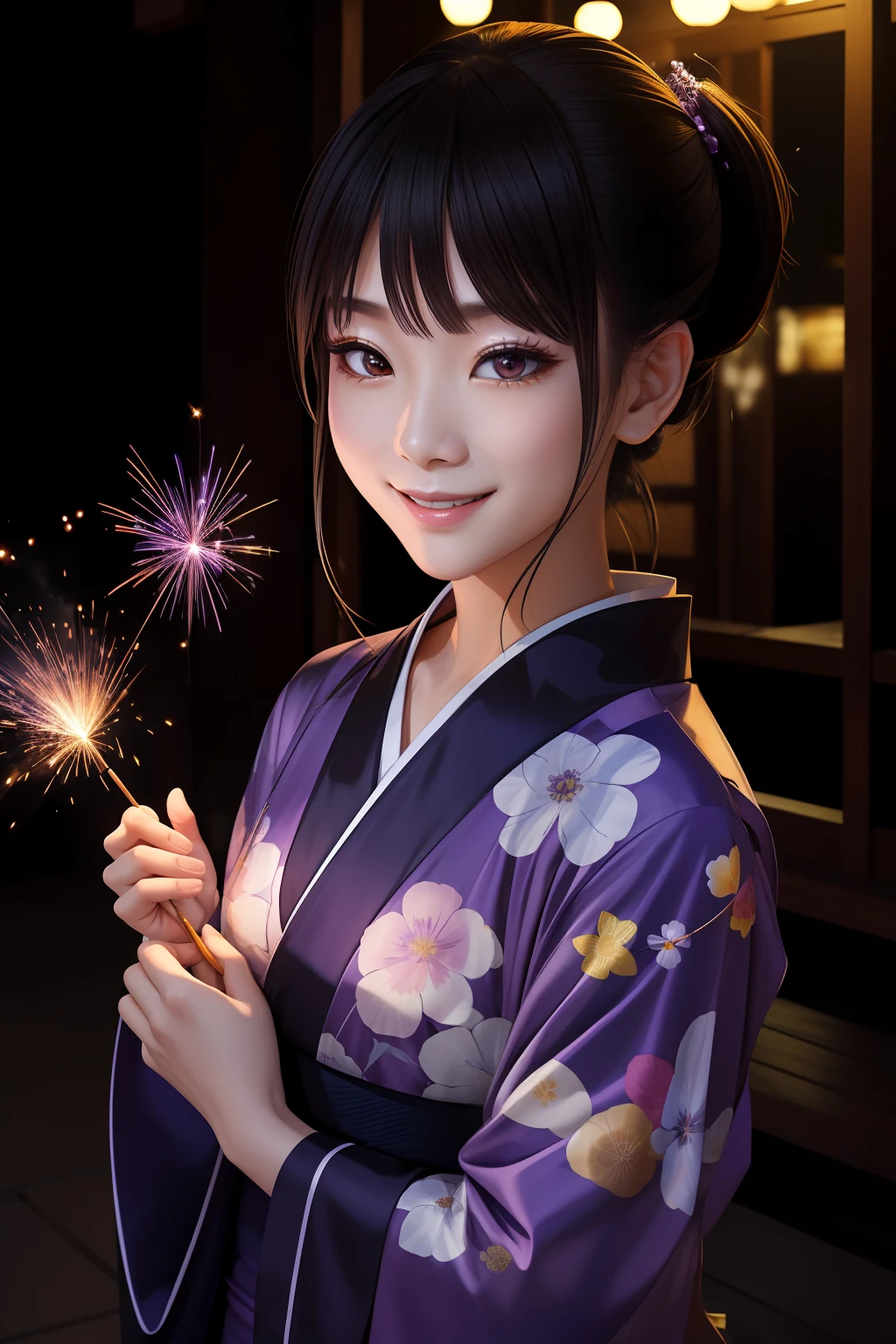 (masterpiece)8K分辨率、top-quality、Woman in yukata doing sparklers、Jet black ponytail、a purple eye、Very cute、Nice Buddy、kindly smile、