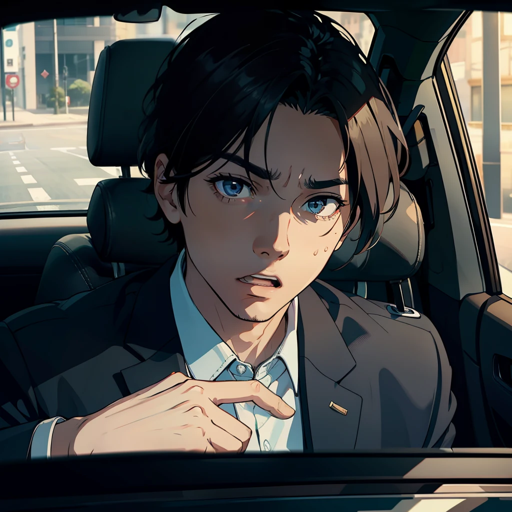 1 male,in car,Wear a casual suit,The facial expression is shocked,Eyes enlarged,Close-up shot