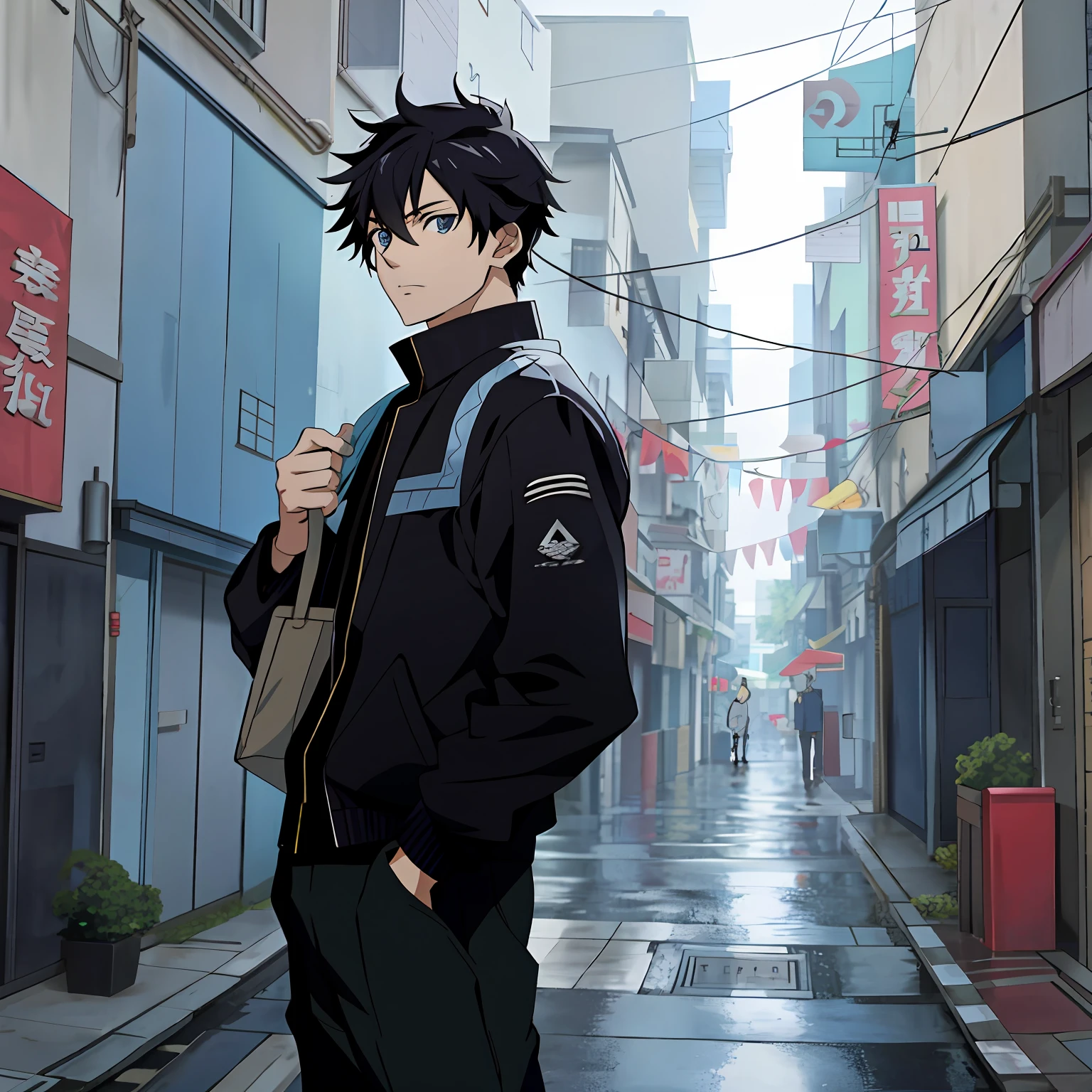 Anime characters standing in narrow alleys，The background is the building, Tall anime guy with blue eyes, young anime man, style of anime4 K, inspirado em Okumura Masanobu, anime moe art style, Badass anime 8 K, Handsome anime pose, Anime handsome man, official anime still, Key anime art, anime key visual concept, anime background key visual