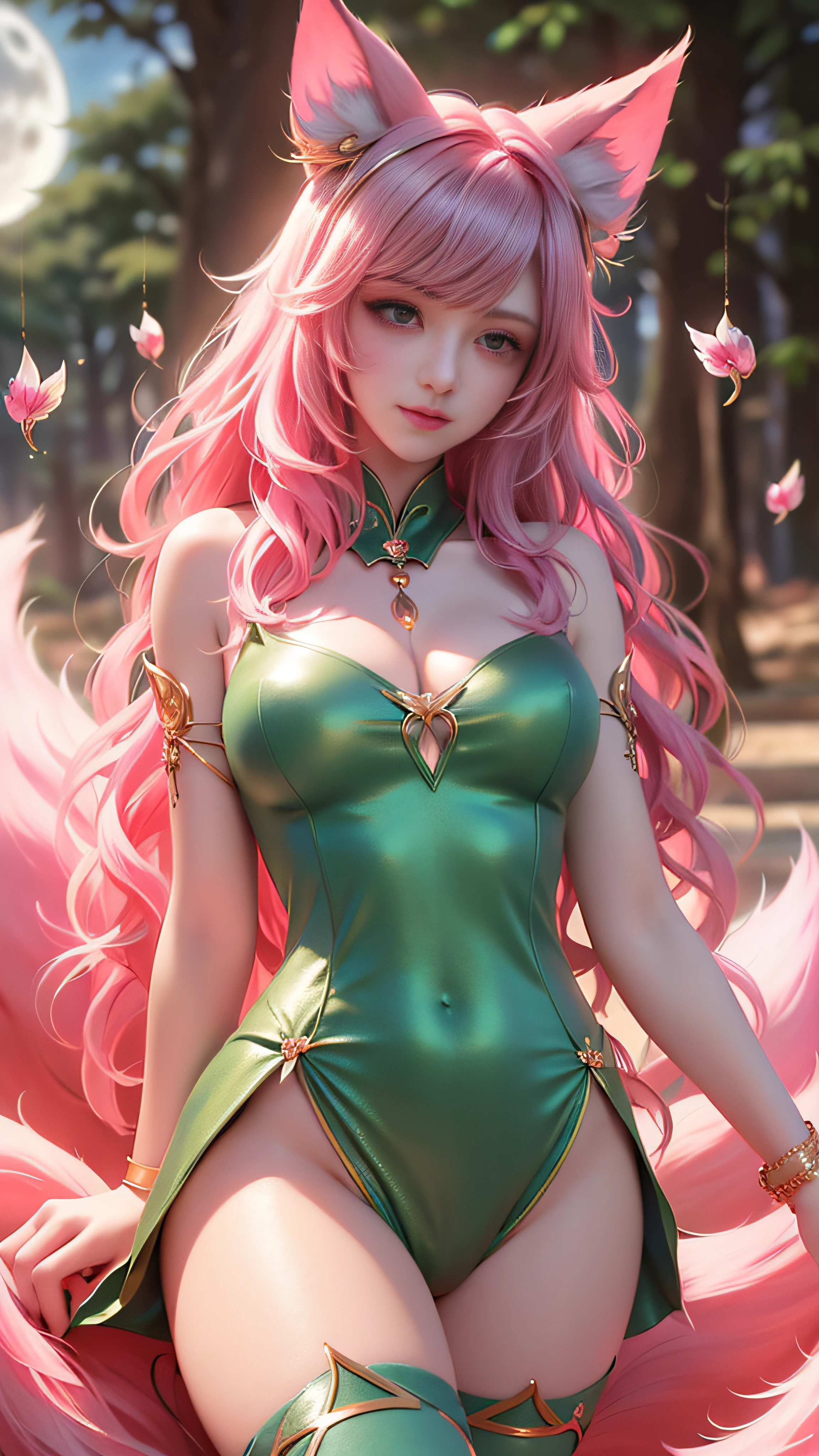 Super beautiful glowing eyes、Face lighting,Bright backlight,medium breasts,超A high resolution,Best Quality,Photos,4K,(Realistic:1.2),
1 girl,Cute,Cosplay,ahri (League of Legends),Looking at Viewer,(Moderate breasts:1.1),Nine Tails,long ears,Green eyes,(Long wavy hair:1.2),White and gold headdress,Green and gold cheongsam,(Thigh height stockings:1.3),Green High Heels,Green and gold bracelet,In the moonlit forest,