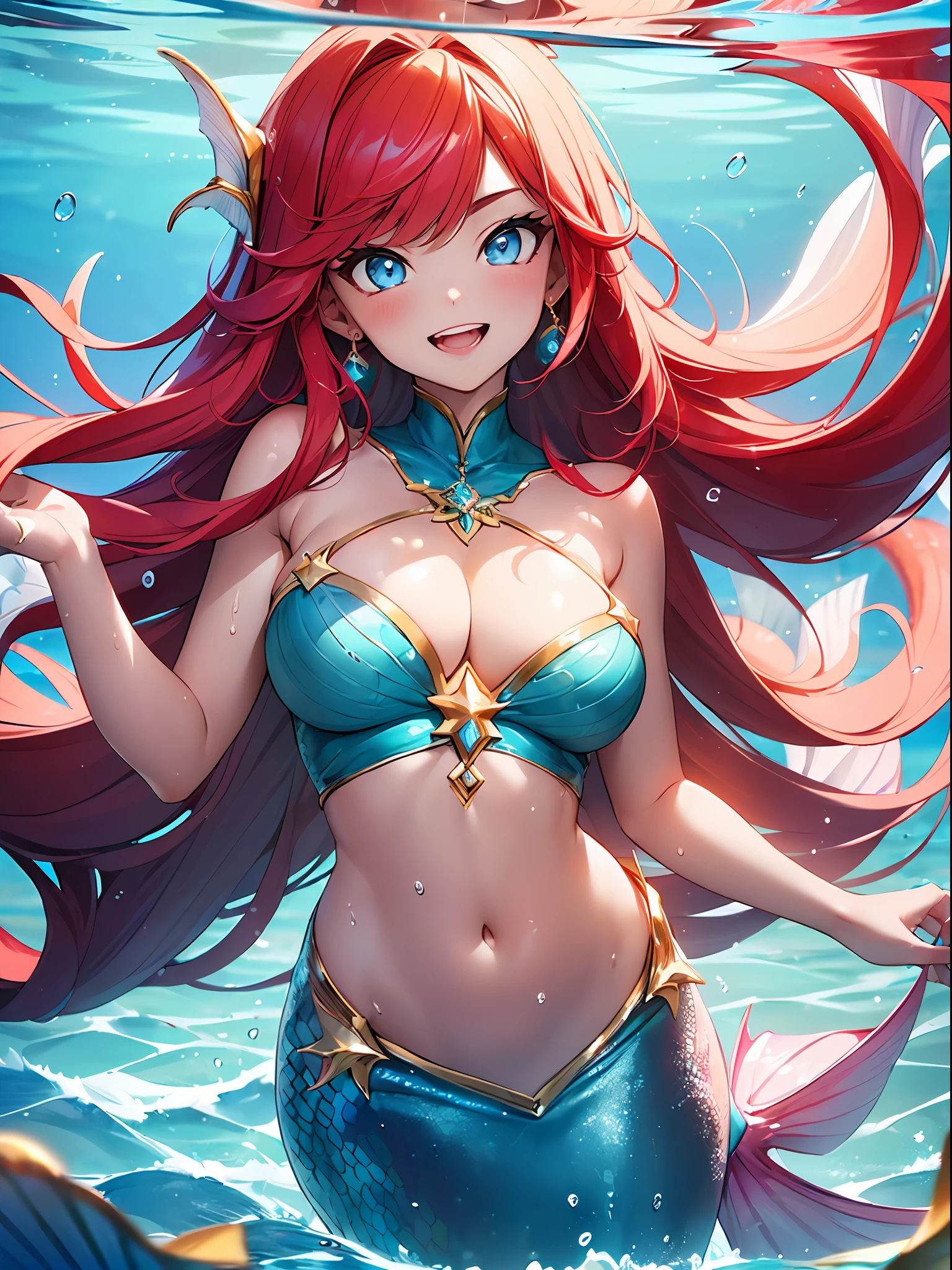 (One mermaid girl is laughing in the water:1.4),Long hair fluttering in the water。Light blue bikini with red hair、There is very clean water and sea creatures such as fish and corals。(close range:1.3),The upper part of the body、Beautiful water bubbles drift in the air.。(Under the sea:1.4),(large full breasts,Navel out:1.3),beautidful eyes、Lustrous hair、Detailed skin、Sparkling eyes、long lashes、(​masterpiece、top-quality、8K ),intricate detailes、