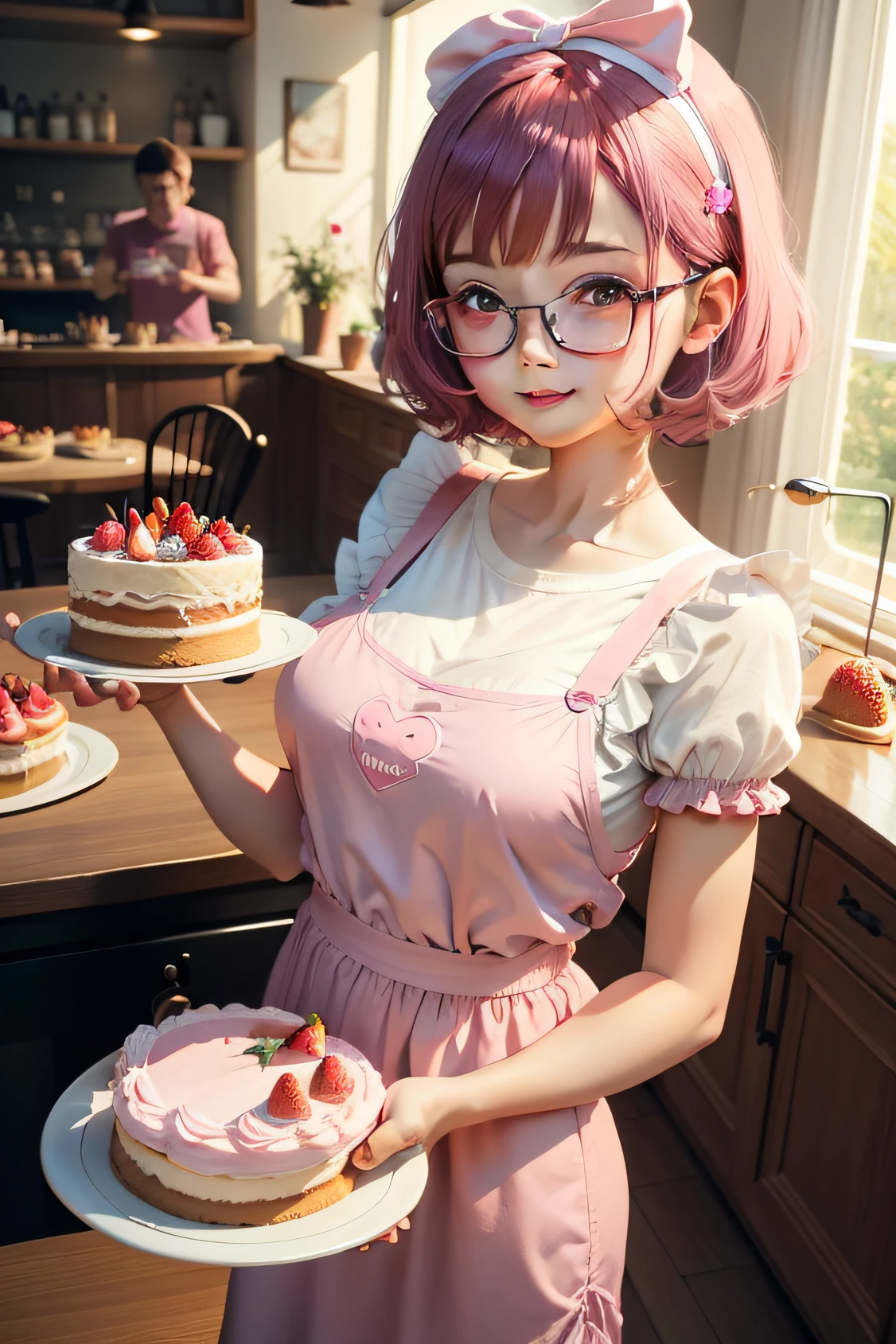 Cartoon men and women,3 year old girl wearing glasses,flatchest,Strawberry cake in one hand,Whisk in one hand,3 year old boy holding cartoon bear,ssmile,Background in cake shop,Pink big breasts,black color hair,largeeyes