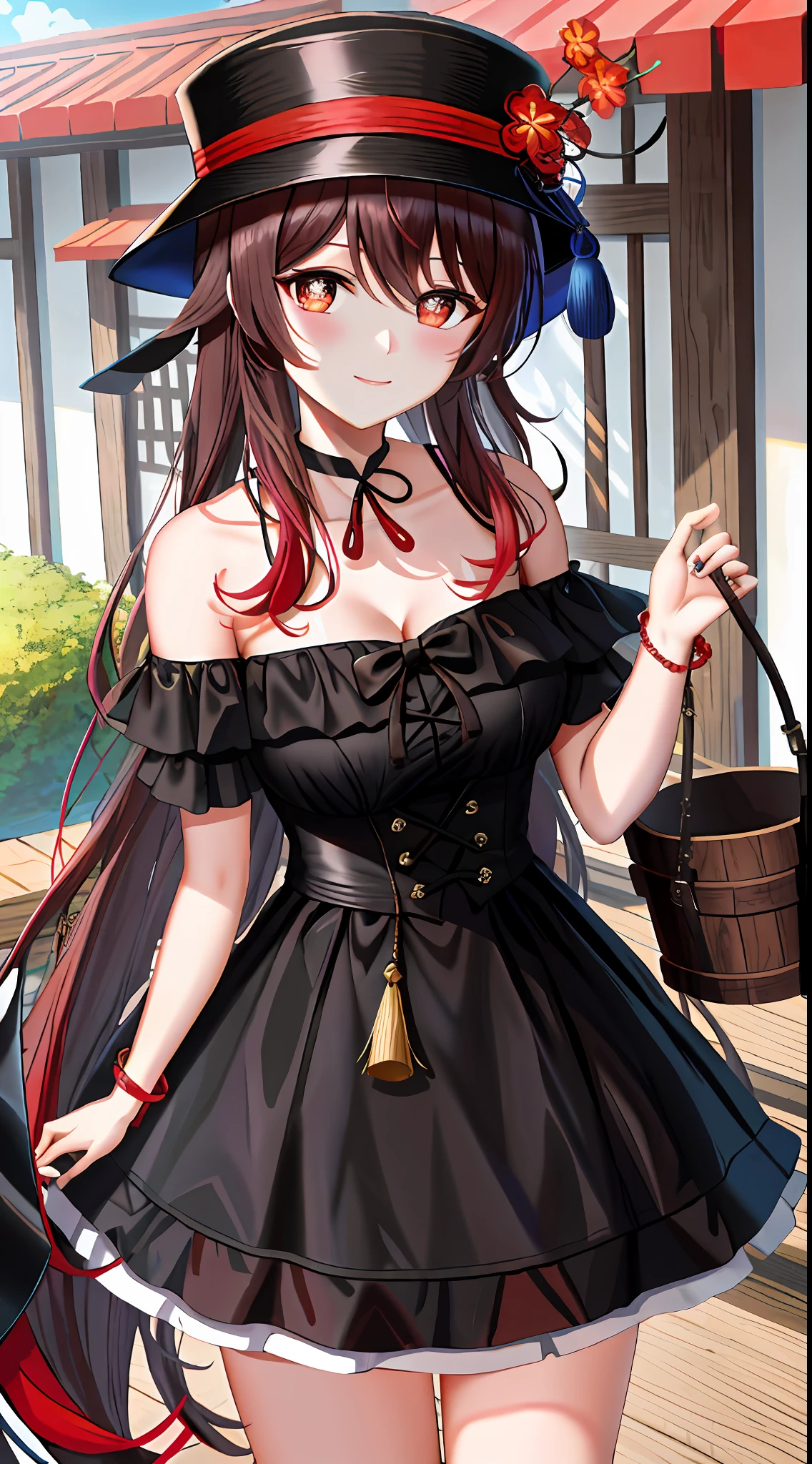 tmasterpiece，The best quality，The is very detailed，hu tao\（Genshin Impact\），standing on your feet，The back is a traditional Chinese street，cowboy lens，Flowers shaped_pupils，black_choker necklace，（Behind the arm：1.2），（ssmile：0，8），black cloaths，bucket-hat，(Off-the-shoulder attire)，Large breasts