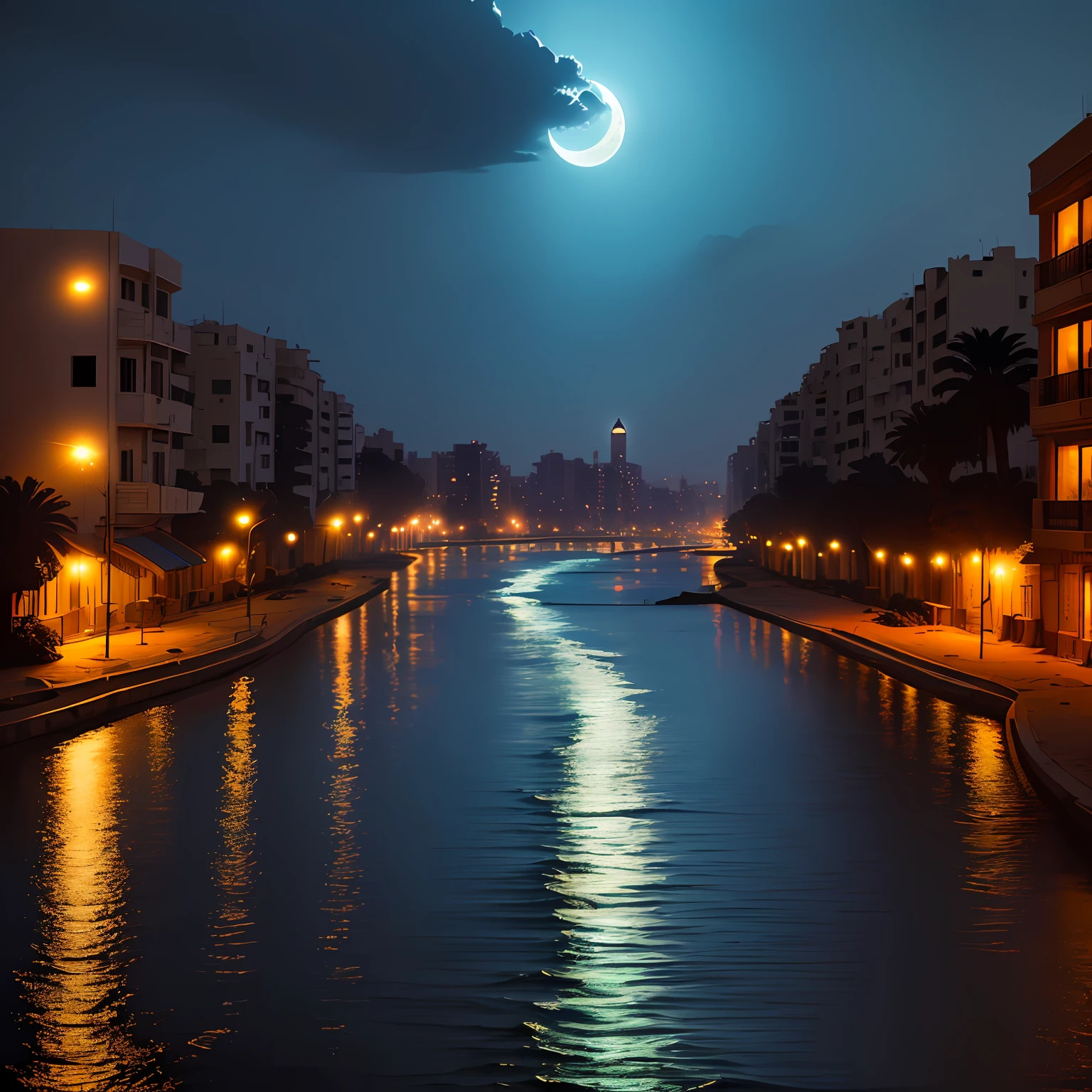 ,rain, moon, halflight, sky, night,, sea, Sea shore , alexandria city in Egypt, cyberpunk light, photography