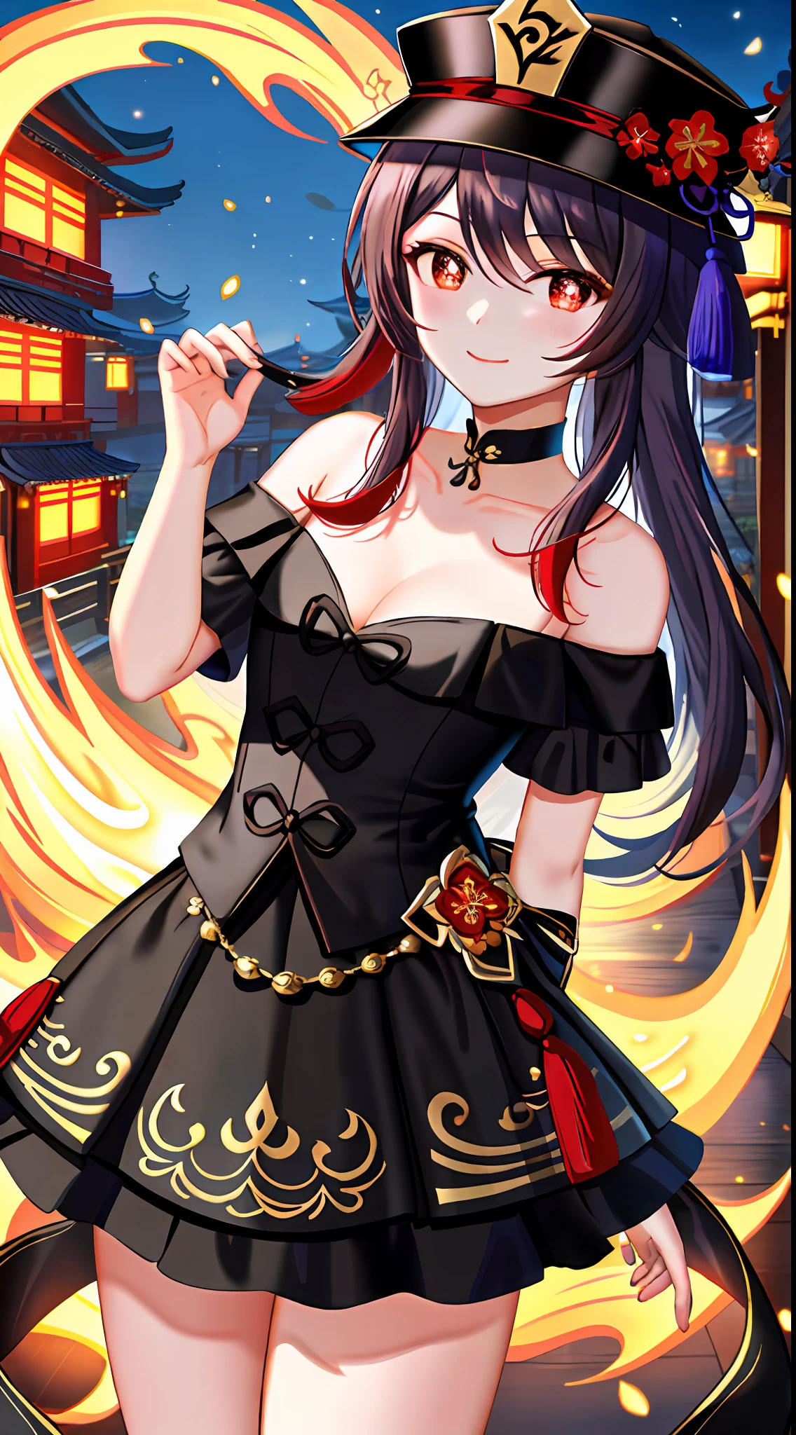 tmasterpiece,The best quality,The is very detailed,hu tao\(genshin impact\),standing on your feet,The back is a traditional Chinese street,cowboy lens,Flowers shaped_pupils,black_choker,(Behind the arm:1.2),(ssmile:0,8),black cloaths,Hats,(Off-the-shoulder attire)