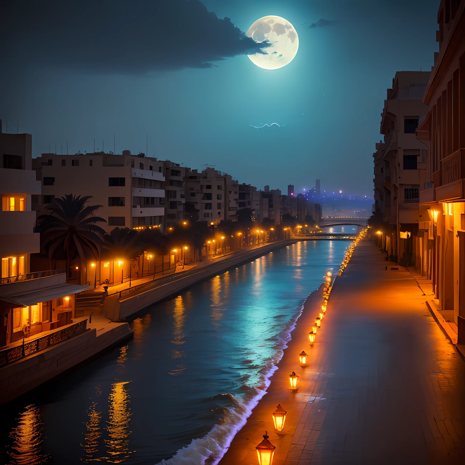 ,rain, moon, halflight, sky, night,, sea, Sea shore , alexandria city in  Egypt, cyberpunk light, photography