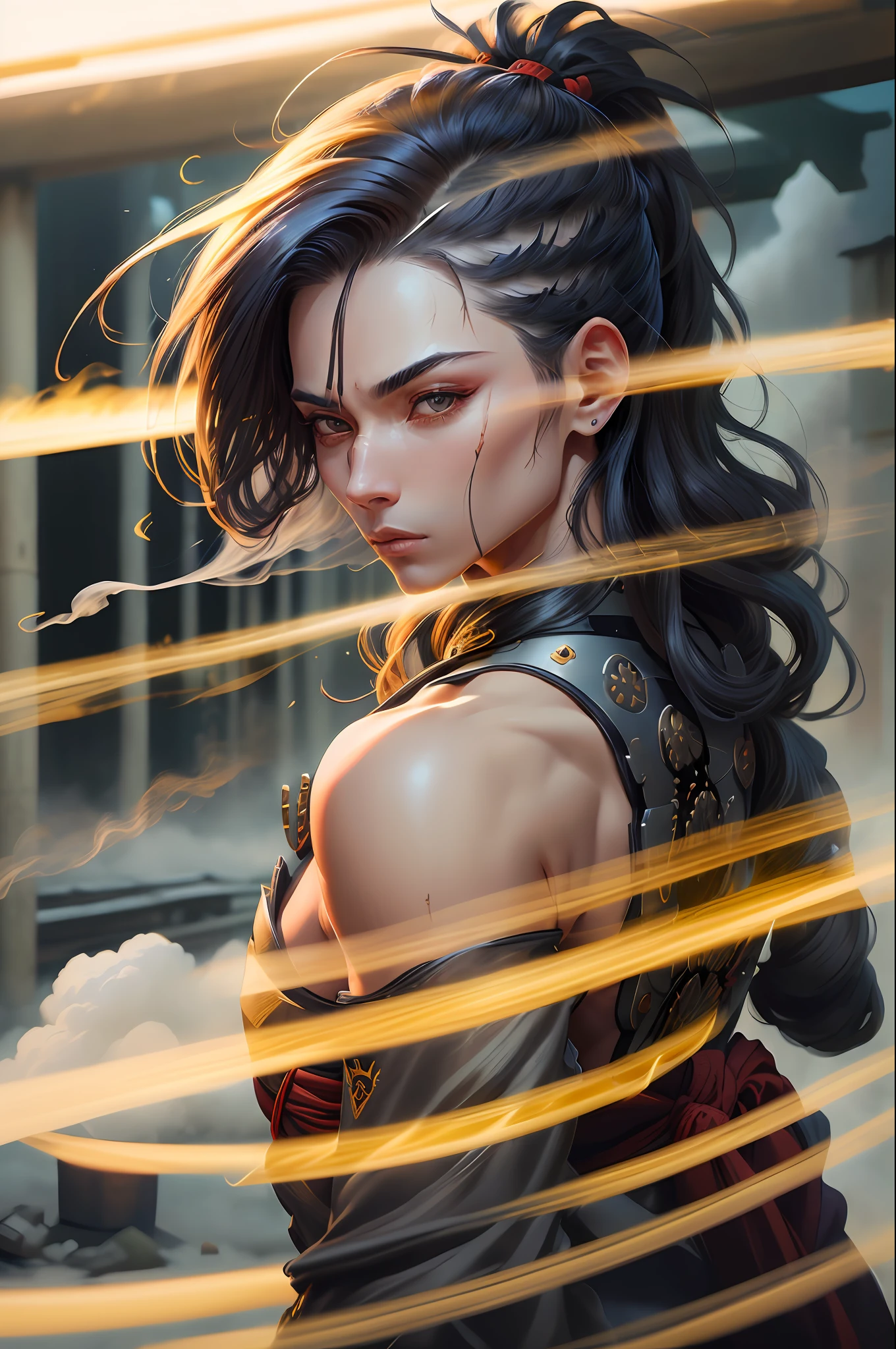 Samurai, katana, capa de samurai, cabelos brancos, cabelos longos, (reelmech: 1.5), luta, olhos brilhantes, cabelo curto, supersuit apertado rasgado, in a destroyed city, smoke and fire, aura de poder brilhante, dinamic pose, dynamic vision