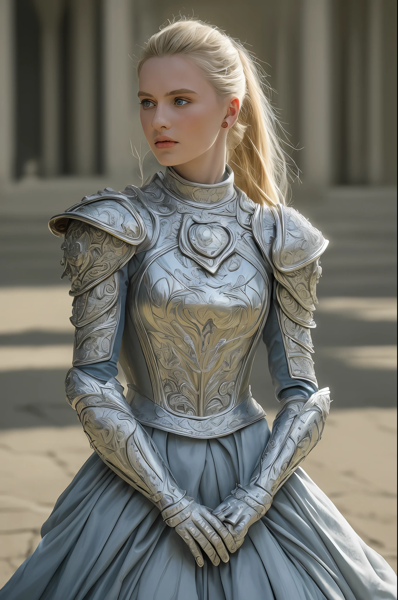 (8K, best quality:1.2), (masterpiece:1.37), (photo, photorealistic:1.37), (ultrahigh-res), full body, (sit on the floor), dynamic pose, slow motion, female paladin wearing the up part body, (light silver armour:1.2),(ornately decorated armor), (insanely detailed, bloom:1.5), (highest quality, Alessandro Casagrande, Greg Rutkowski, Sally Mann, concept art, 4k), (analog:1.2), (high sharpness), (detailed pupils:1.1), detailed face and eyes, Masterpiece, best quality, (highly detailed photo:1.1), (long blonde Hair, blue eyes, ponytail, ecstatic:1.1), (young woman:1.1), sharp, (perfect body:1.1), realistic, real shadow, 3d, (temple background:1.2), (by Michelangelo), photographed by Canan EOS R6, 135mm, 1/1250s, f/2.8, ISO 400